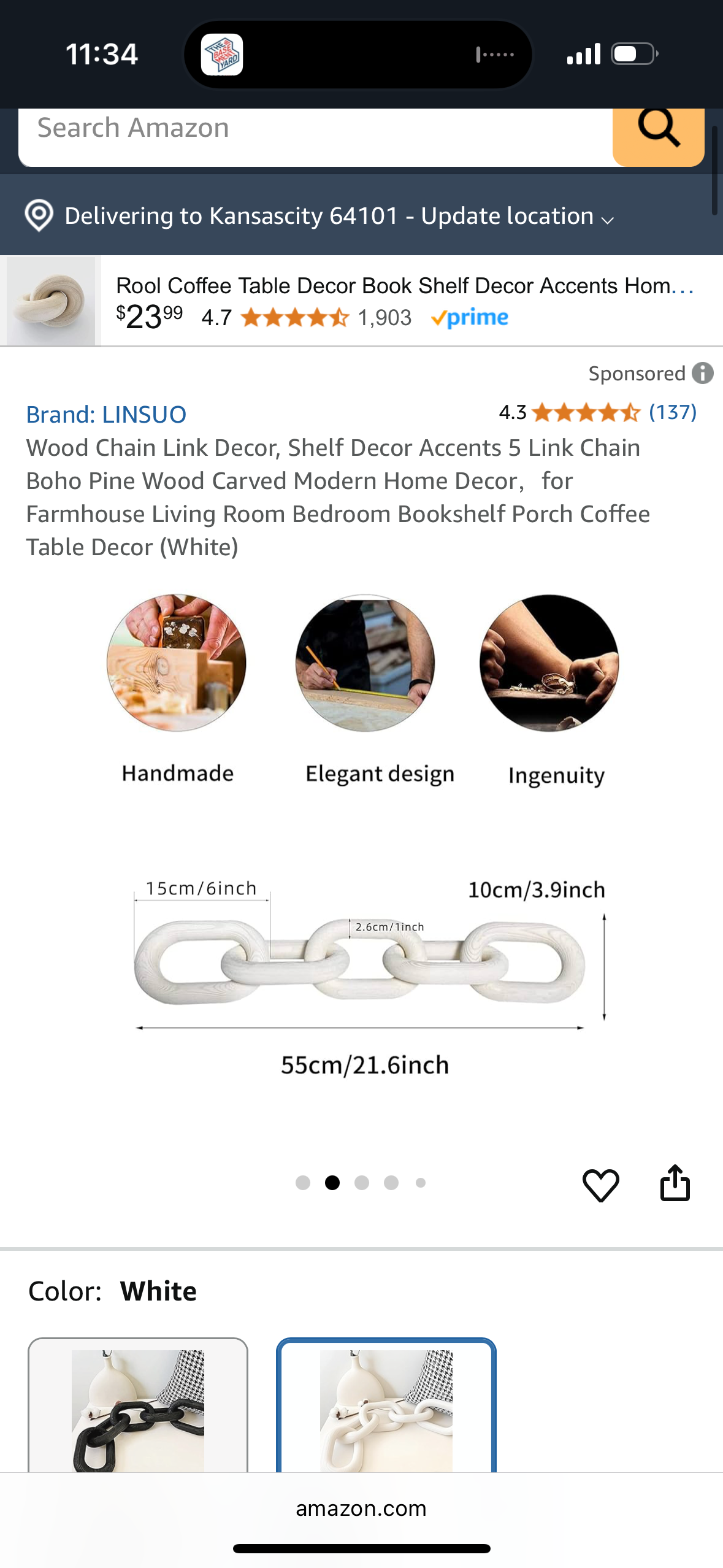 Wood Chain Link Decor, Shelf Decor Accents 5 Link Chain Boho Pine Wood Carved Modern Home Decor，for Farmhouse Living Room Bedroom Bookshelf Porch Coffee Table Decor (White)