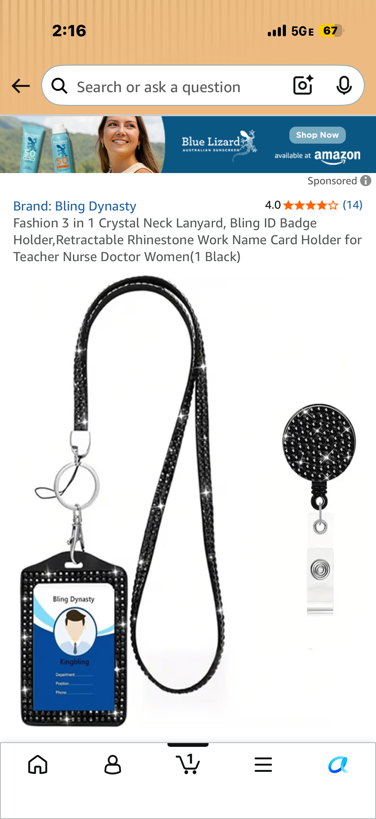 Fashion 3 in 1 Crystal Neck Lanyard, Bling ID Badge Holder,Retractable Rhinestone Work Name Card Holder for Teacher Nurse Doctor Women(1 Black