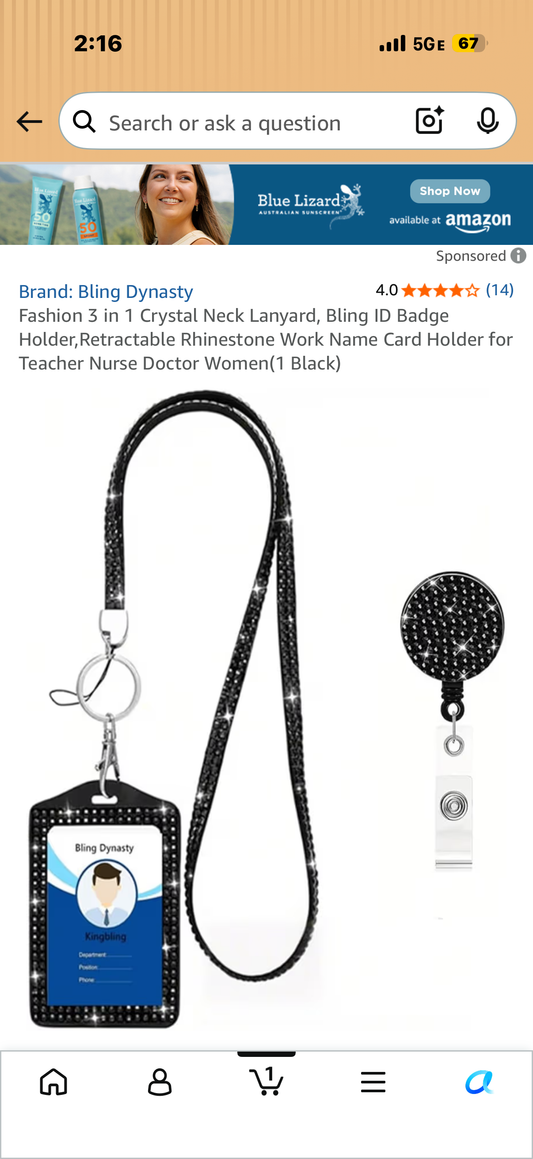 Fashion 3 in 1 Crystal Neck Lanyard, Bling ID Badge Holder,Retractable Rhinestone Work Name Card Holder for Teacher Nurse Doctor Women(1 Black