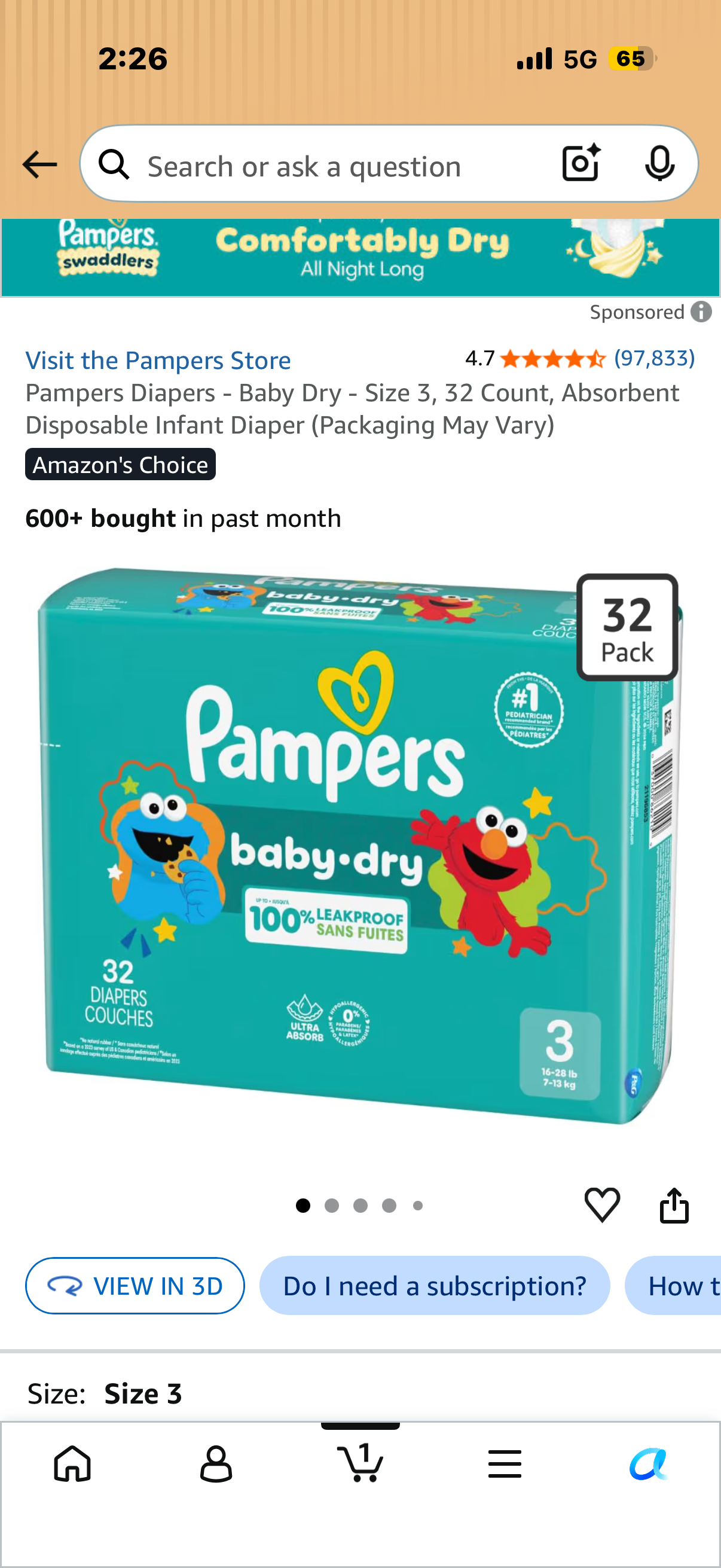 Pampers Diapers - Baby Dry - Size 3, 32 Count, Absorbent Disposable Infant Diaper (Packaging May Vary