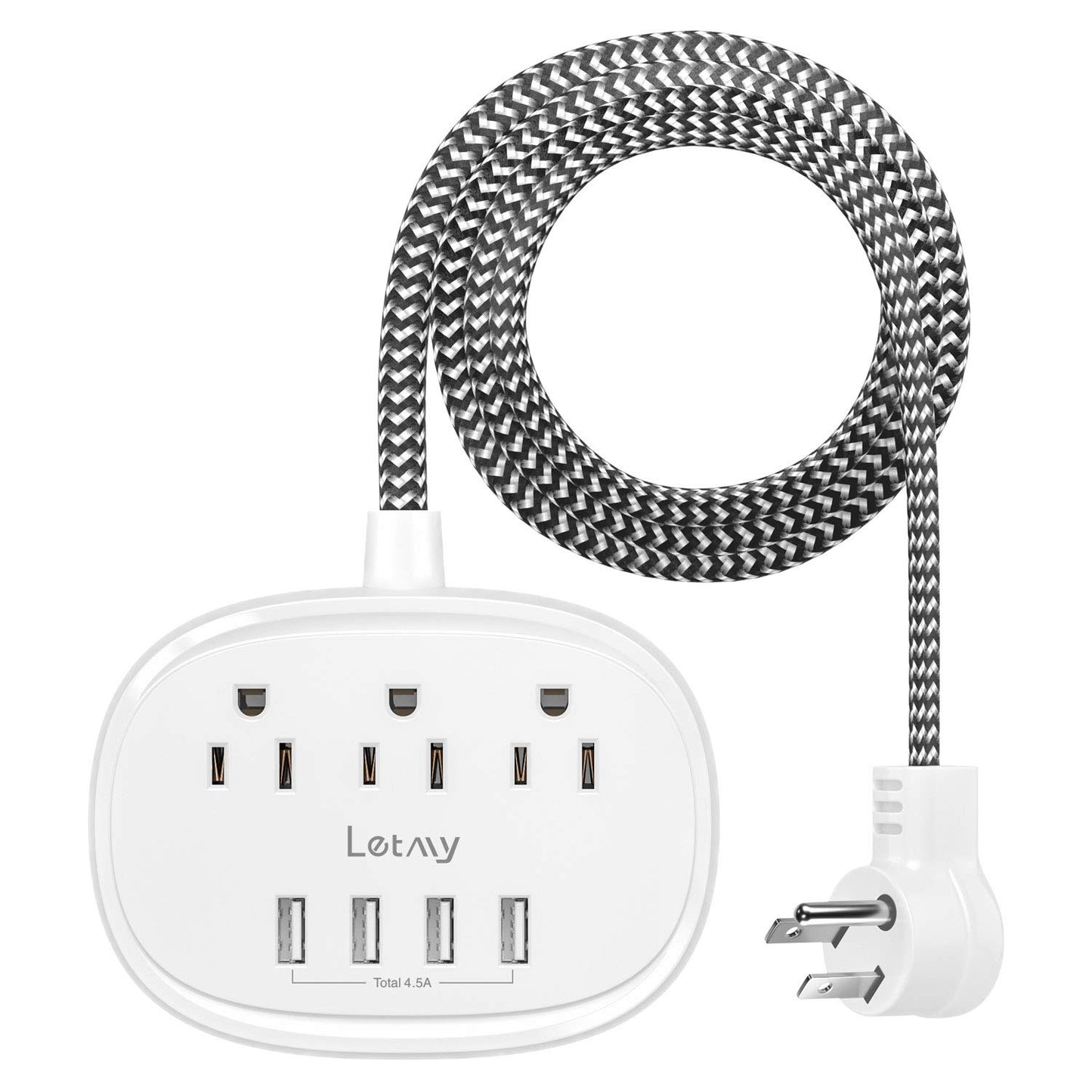 Power Strip with 3 Outlets 4 USB Ports, LETMY USB Power Strip, Flat Plug 5ft Long Braided Extension Cord, Desktop Charging Station for Smartphone Tablet Home Cruise Ship Travel,1875W/15A