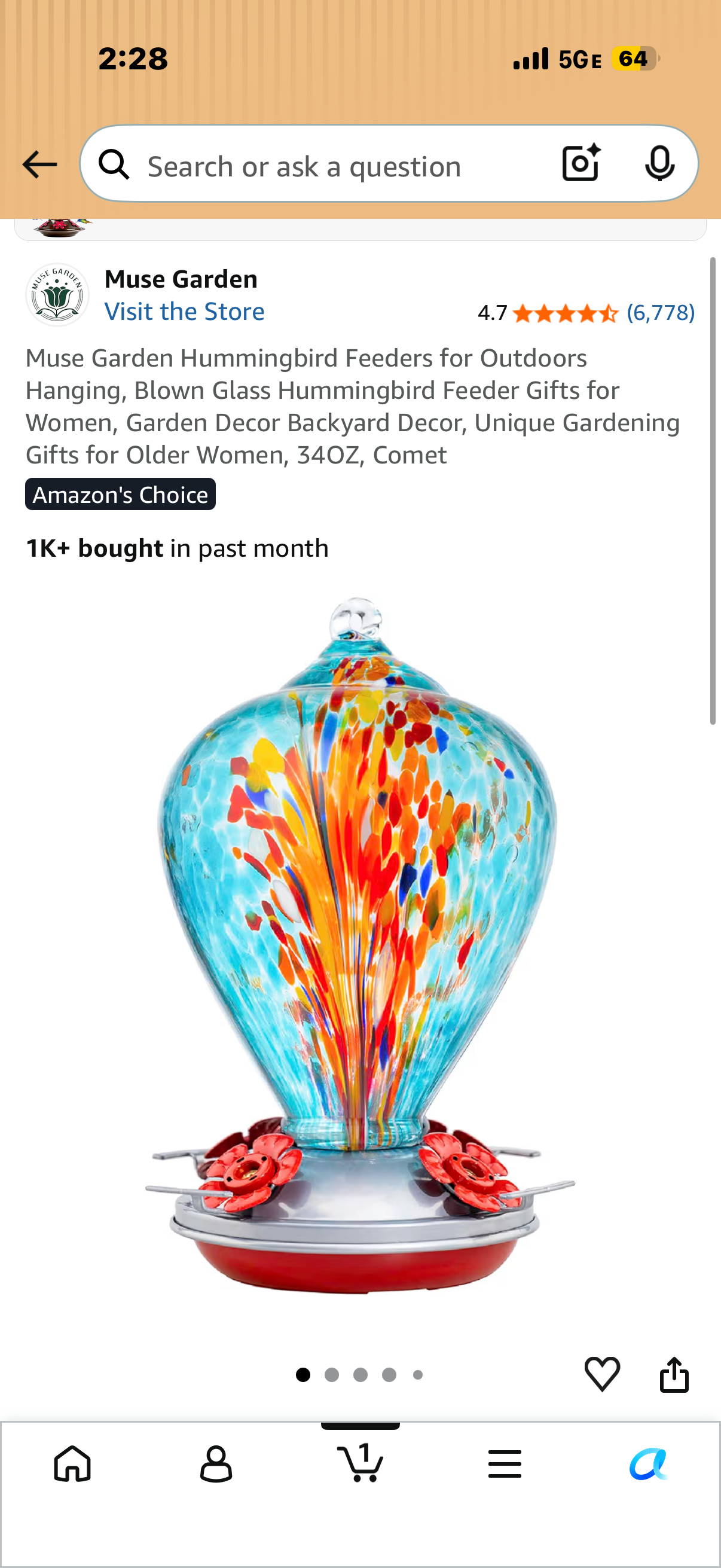Muse Garden Hummingbird Feeders for Outdoors Hanging, Blown Glass Hummingbird Feeder Gifts for Women, Garden Decor Backyard Decor, Unique Gardening Gifts for Older Women, 34OZ, Comet