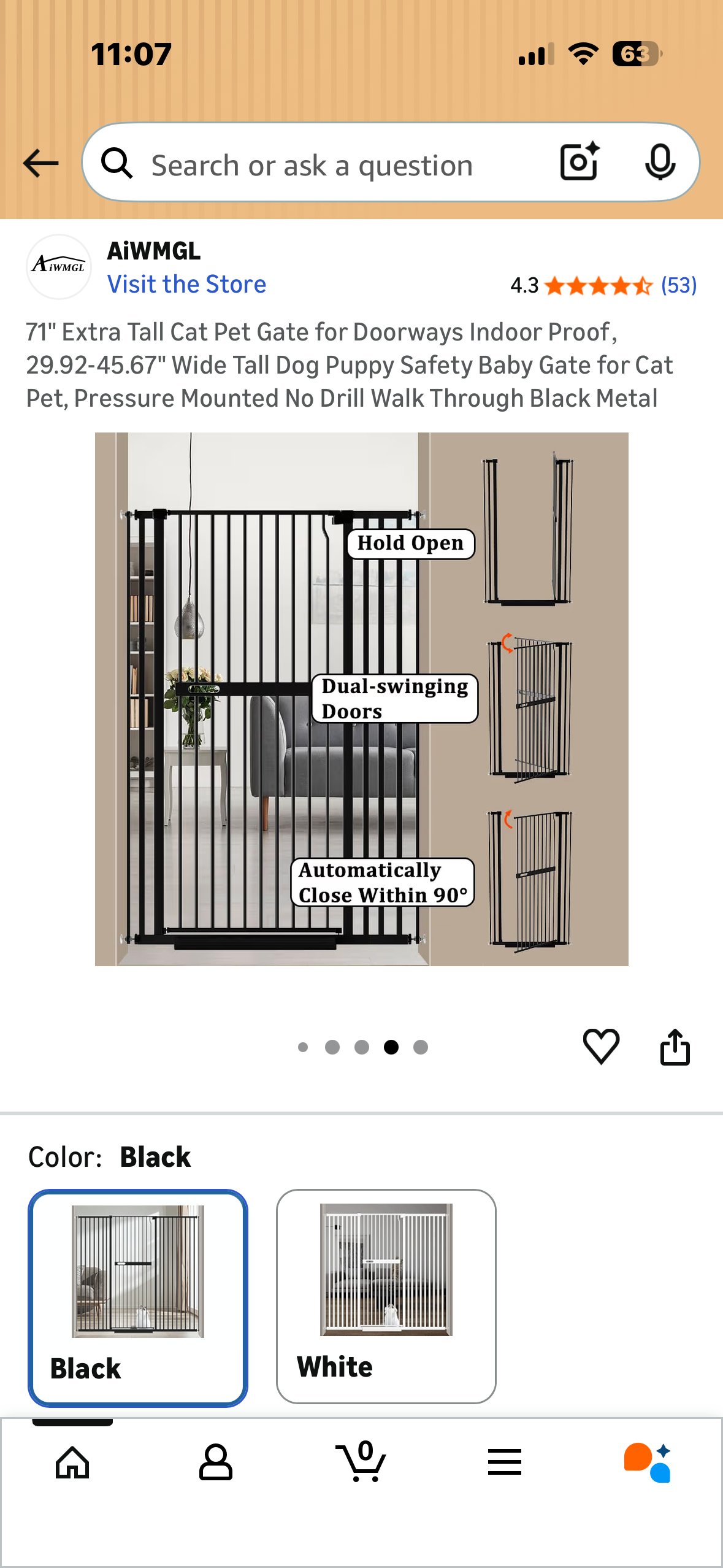71" Extra Tall Pet Gate for Doorways, 29.9-45.6" Wide Tall Pet Safety Gate, Baby Safety Gate, Pressure Mounted, No Drill, Walk Through Door, Black Metal (R777)