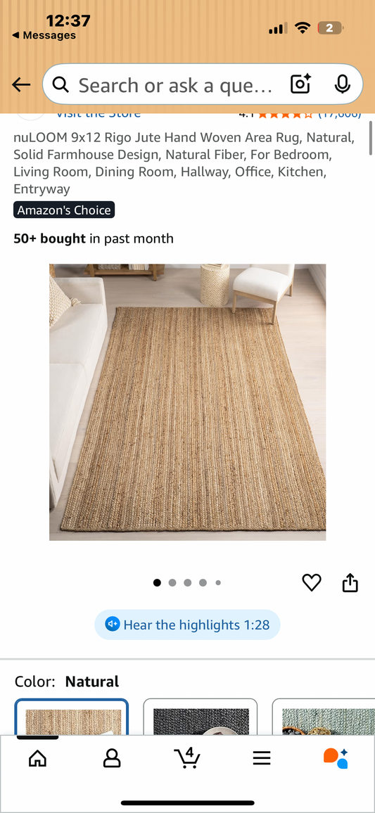 9x12 Jute Hand Woven Area Rug, Natural, Solid Farmhouse Design, Natural Fiber, For Bedroom, Living Room, Dining Room, Hallway, Office, Kitchen, Entryway (L1054)