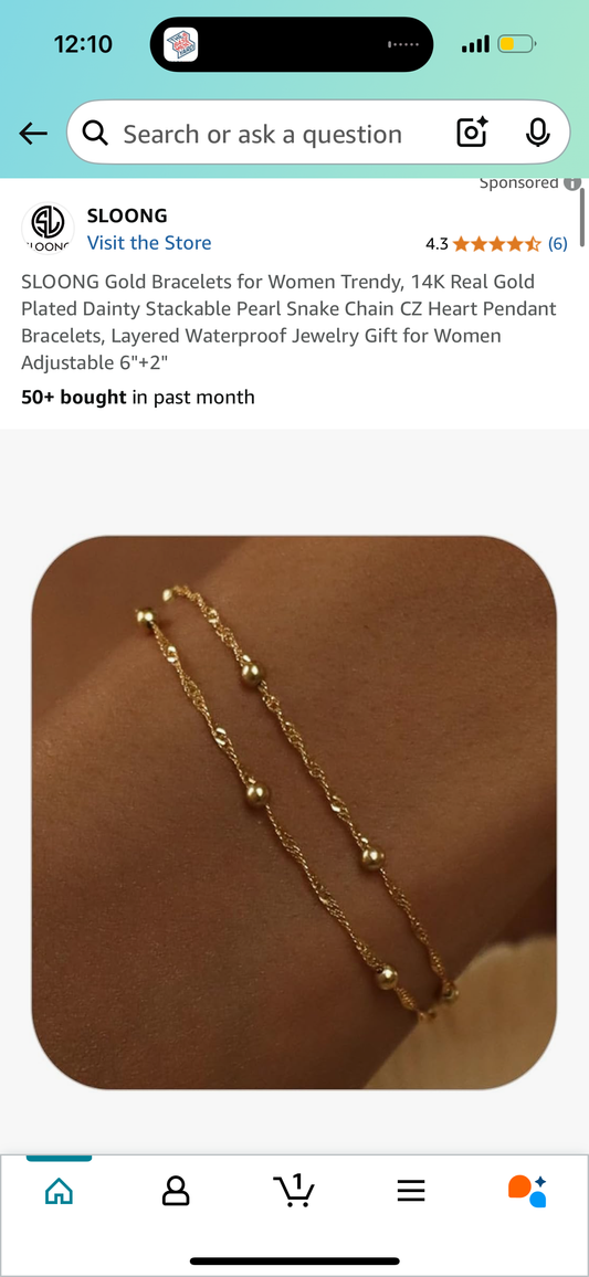 Gold Bracelets for Women Trendy, 14K Real Gold Plated Dainty Stackable Pearl Snake Chain CZ Heart Pendant Bracelets, Layered Waterproof Jewelry Gift for Women Adjustable 6"+2"