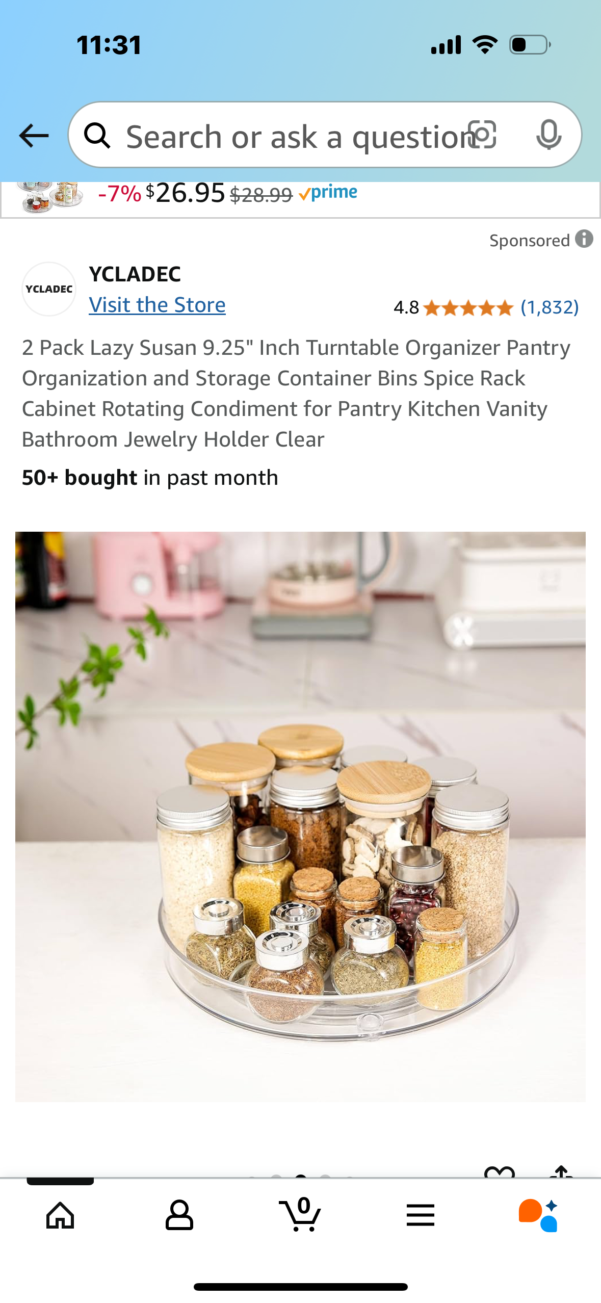 2 Pack Lazy Susan 9.25" Inch Turntable Organizer Pantry Organization and Storage Container Bins Spice Rack Cabinet Rotating Condiment for Pantry Kitchen Vanity Bathroom Jewelry Holder Clear