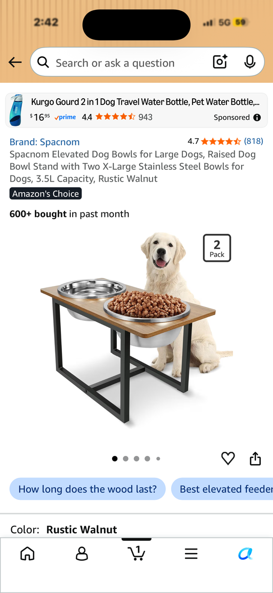 Spacnom Elevated Dog Bowls for Large Dogs, Raised Dog Bowl Stand with Two X-Large Stainless Steel Bowls for Dogs, 3.5L Capacity, Rustic Walnut