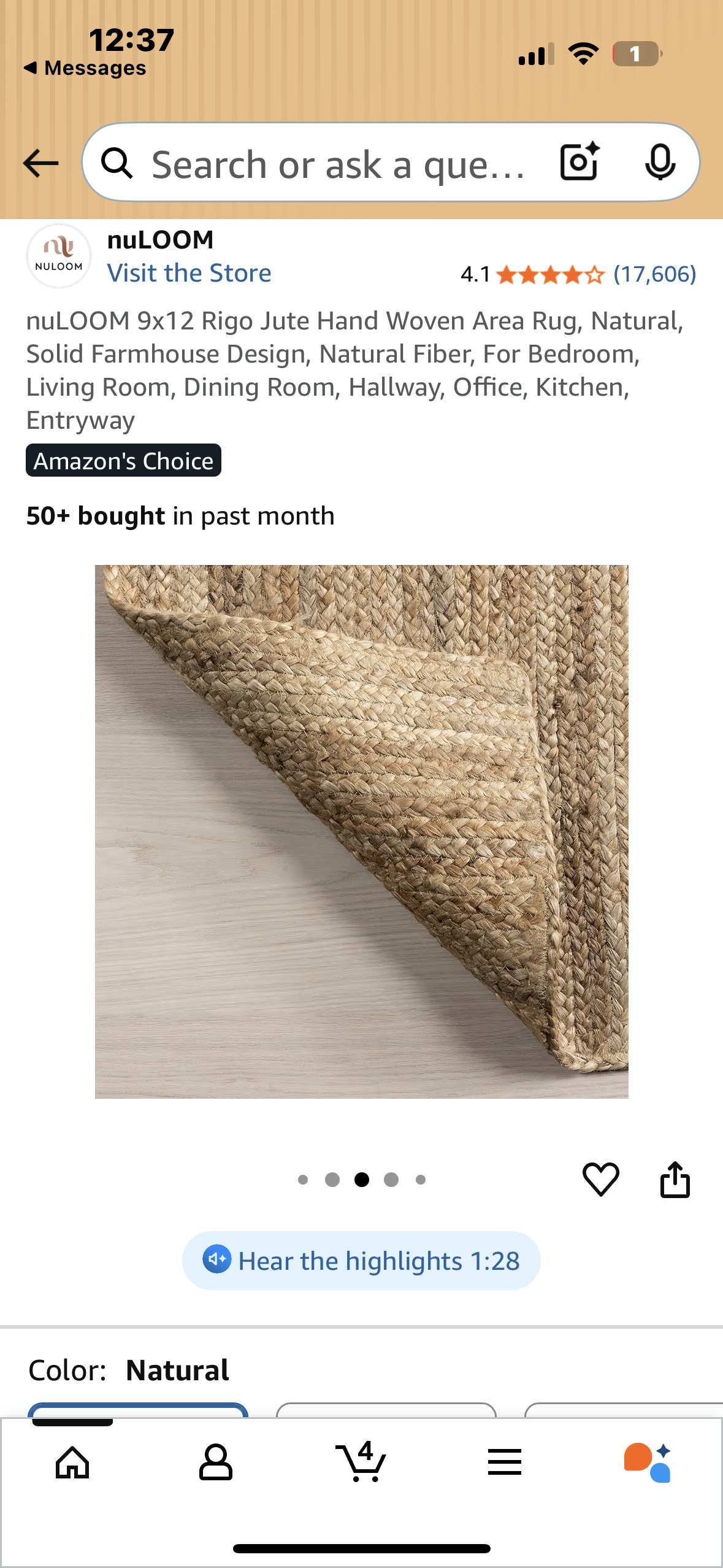 9x12 Jute Hand Woven Area Rug, Natural, Solid Farmhouse Design, Natural Fiber, For Bedroom, Living Room, Dining Room, Hallway, Office, Kitchen, Entryway (L1054)