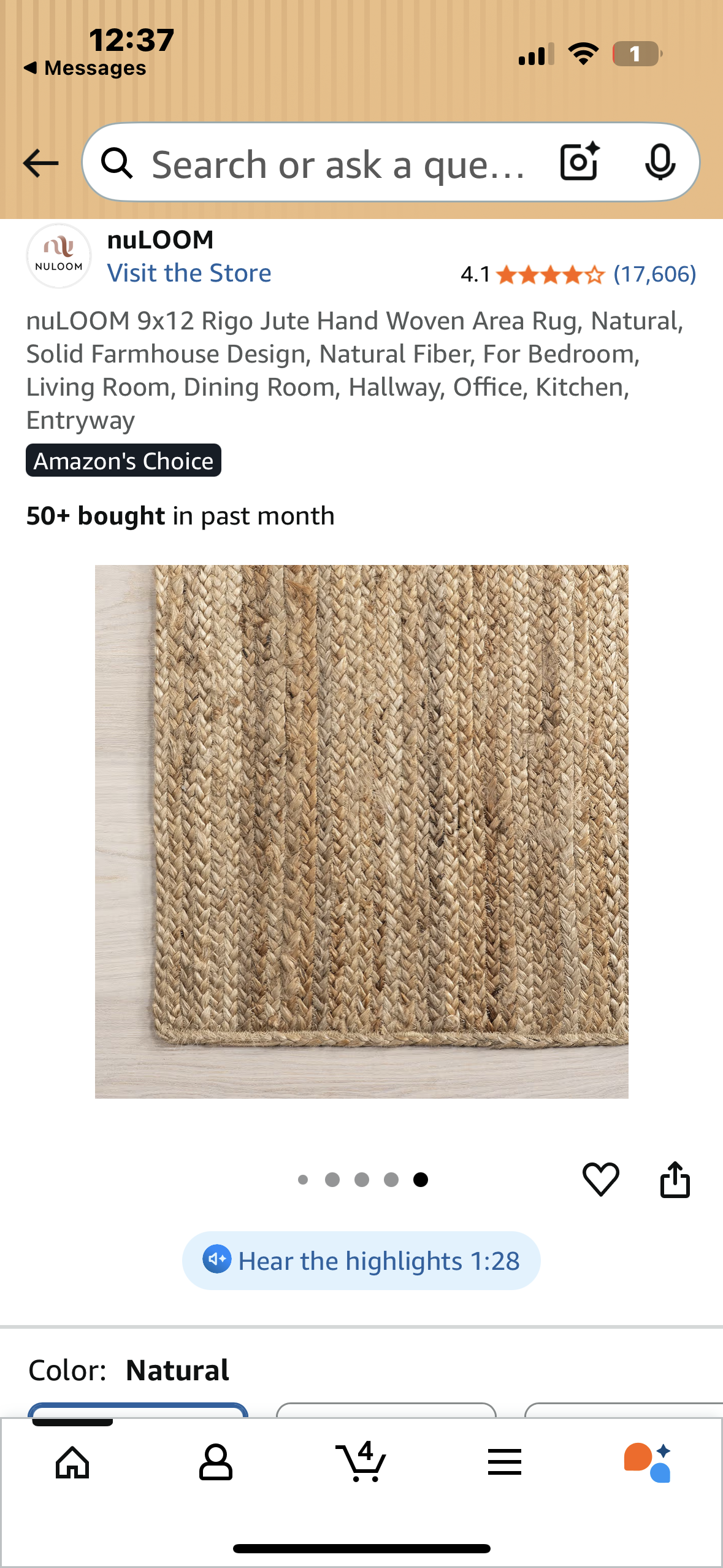 9x12 Jute Hand Woven Area Rug, Natural, Solid Farmhouse Design, Natural Fiber, For Bedroom, Living Room, Dining Room, Hallway, Office, Kitchen, Entryway (L1054)