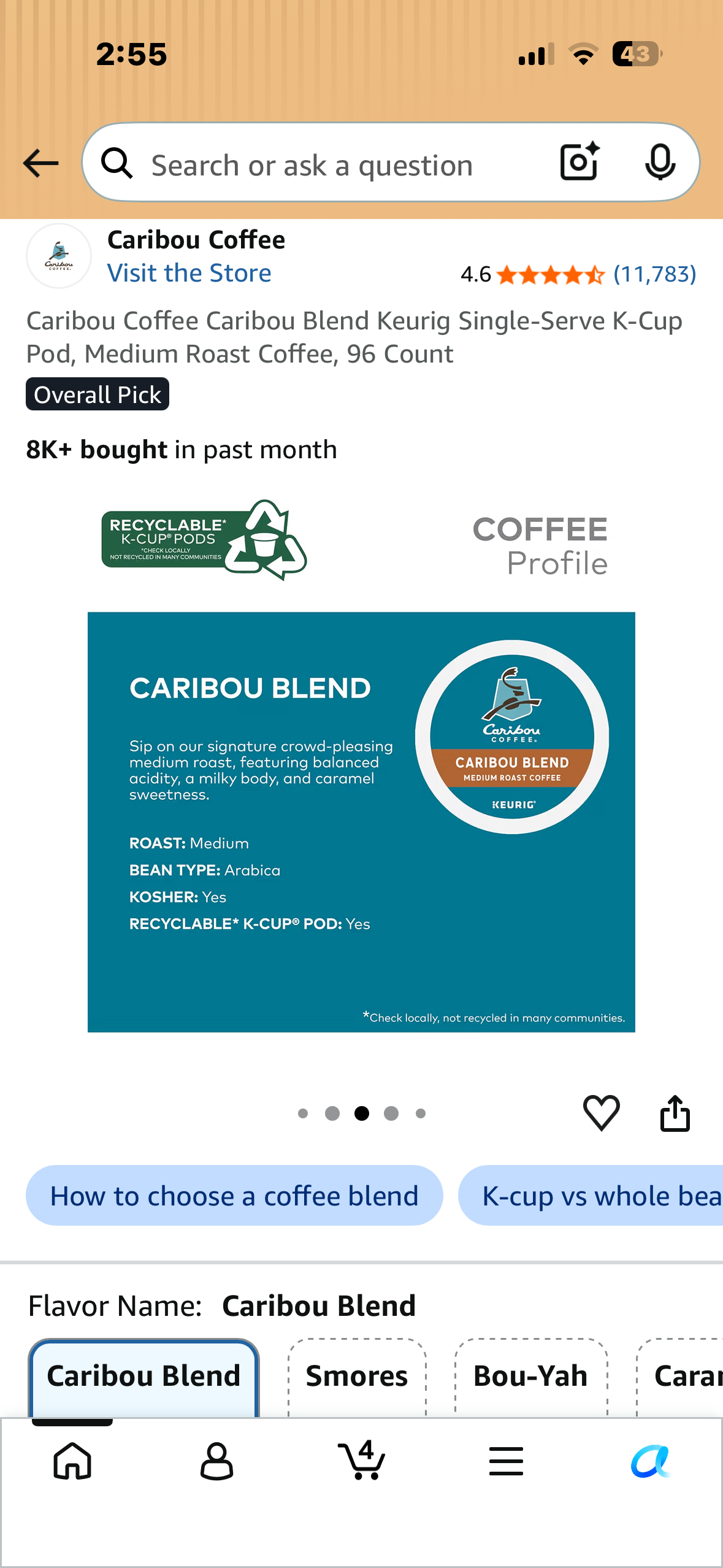 Caribou Coffee Caribou Blend Keurig Single-Serve K-Cup Pod, Medium Roast Coffee, 96 Count