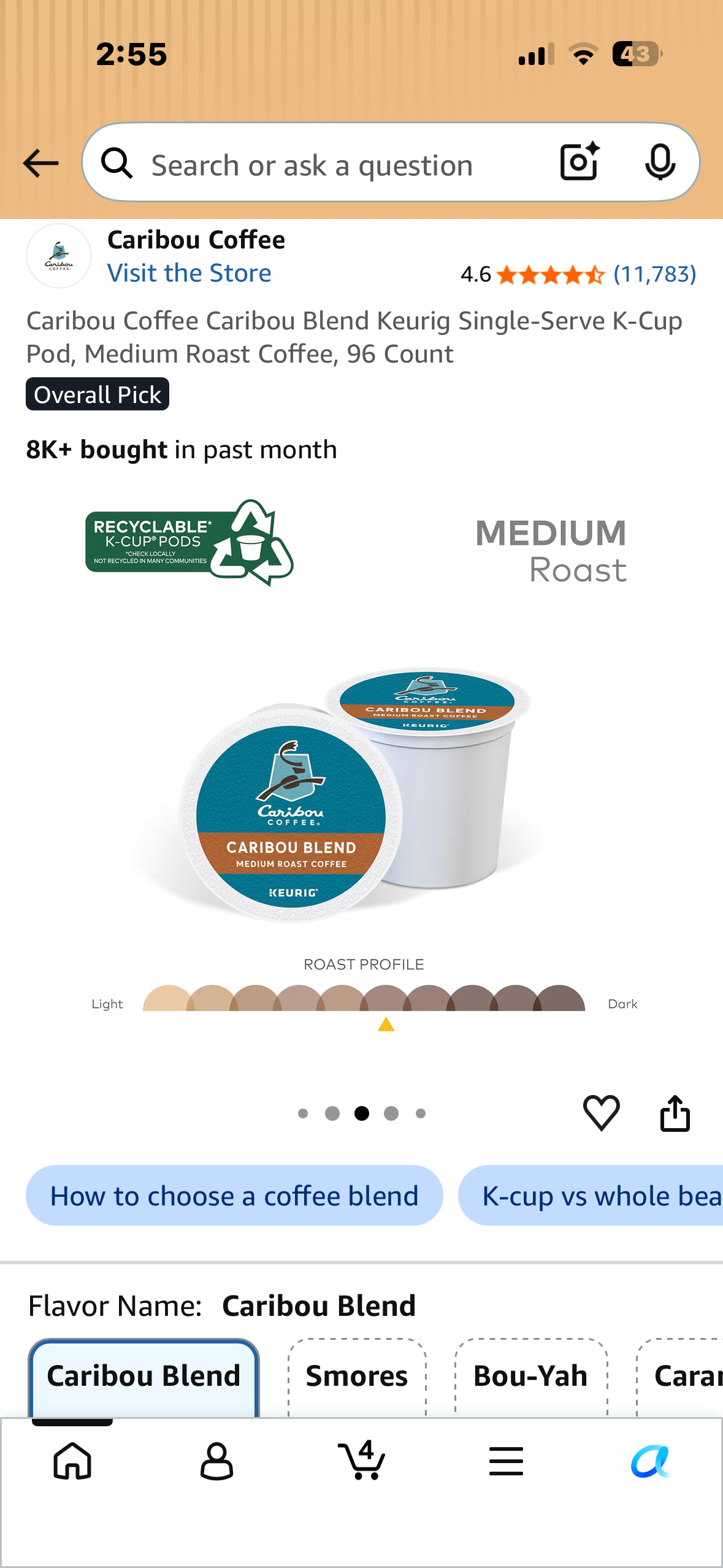 Caribou Coffee Caribou Blend Keurig Single-Serve K-Cup Pod, Medium Roast Coffee, 96 Count