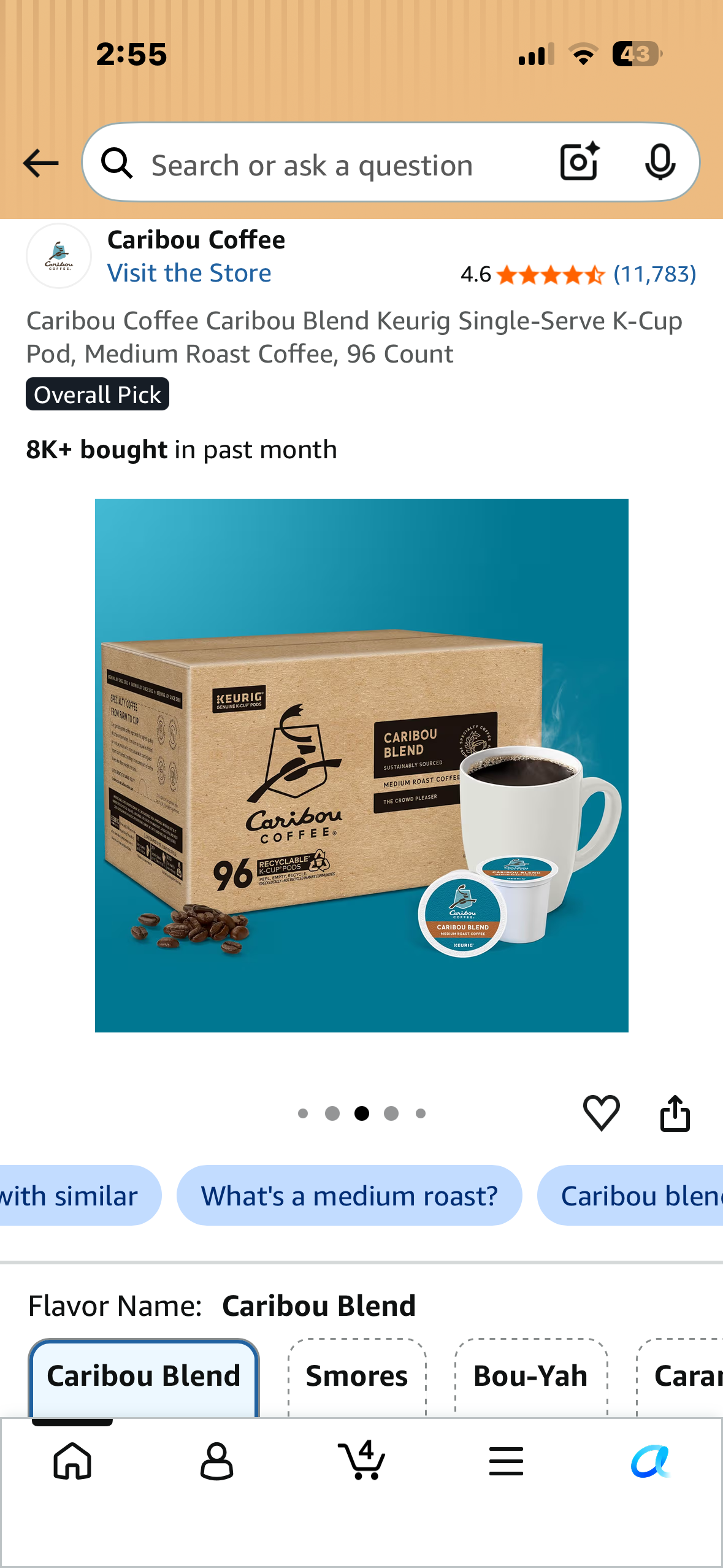 Caribou Coffee Caribou Blend Keurig Single-Serve K-Cup Pod, Medium Roast Coffee, 96 Count