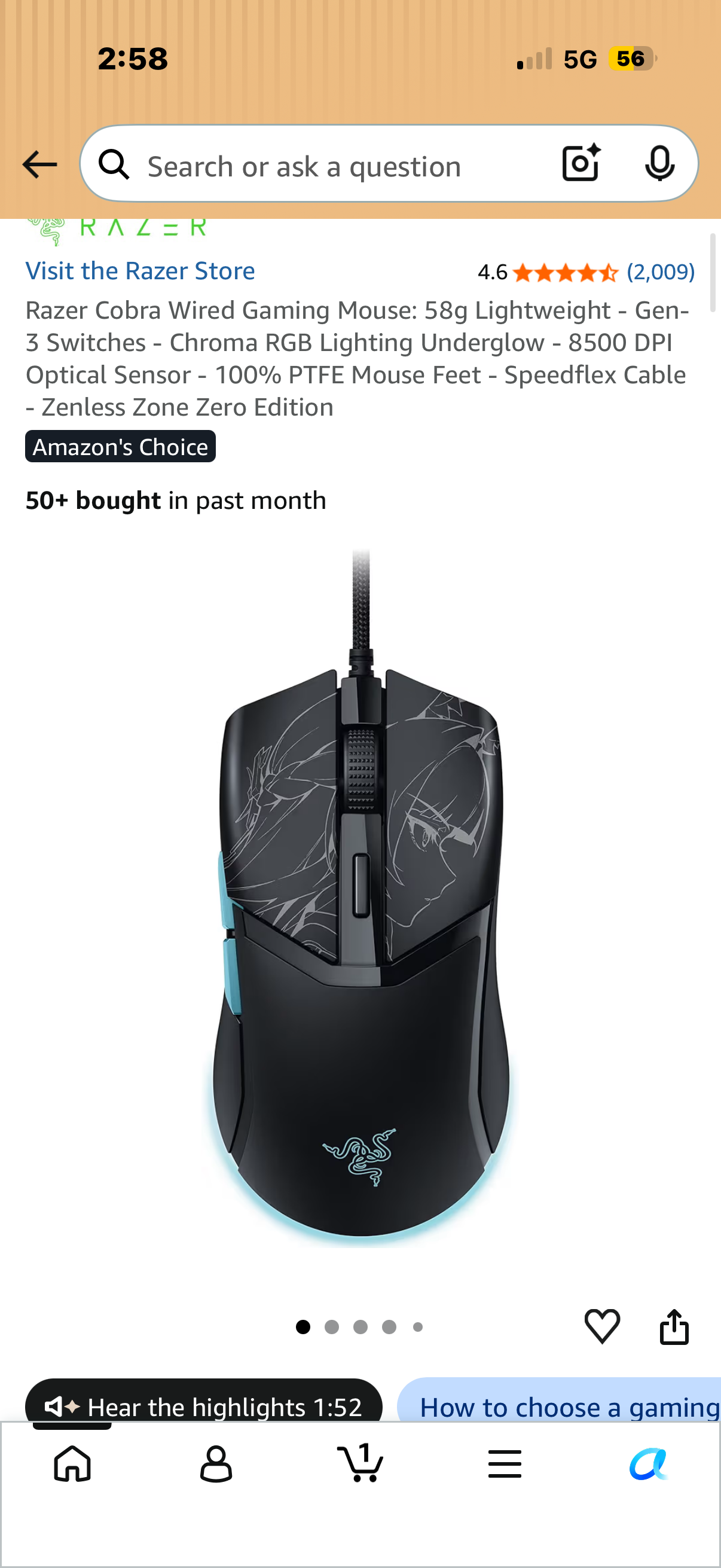 Razer Cobra Wired Gaming Mouse: 58g Lightweight - Gen-3 Switches - Chroma RGB Lighting Underglow - 8500 DPI Optical Sensor - 100% PTFE Mouse Feet - Speedflex Cable - Zenless Zone Zero Edition