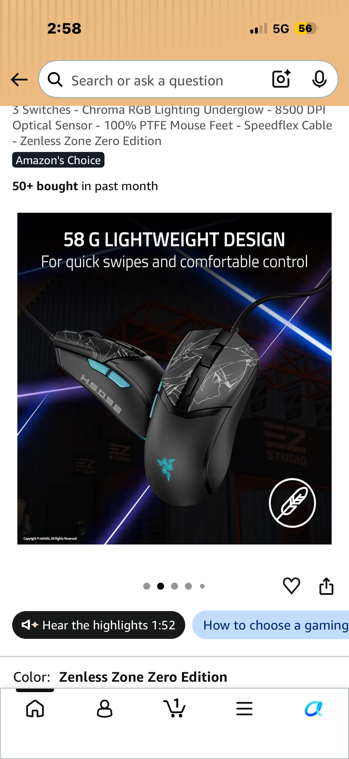 Razer Cobra Wired Gaming Mouse: 58g Lightweight - Gen-3 Switches - Chroma RGB Lighting Underglow - 8500 DPI Optical Sensor - 100% PTFE Mouse Feet - Speedflex Cable - Zenless Zone Zero Edition