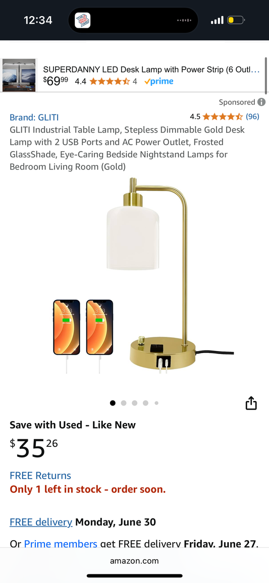 GLITI Industrial Table Lamp, Stepless Dimmable Gold Desk Lamp with 2 USB Ports and AC Power Outlet, Frosted GlassShade, Eye-Caring Bedside Nightstand Lamps for Bedroom Living Room (Gold)