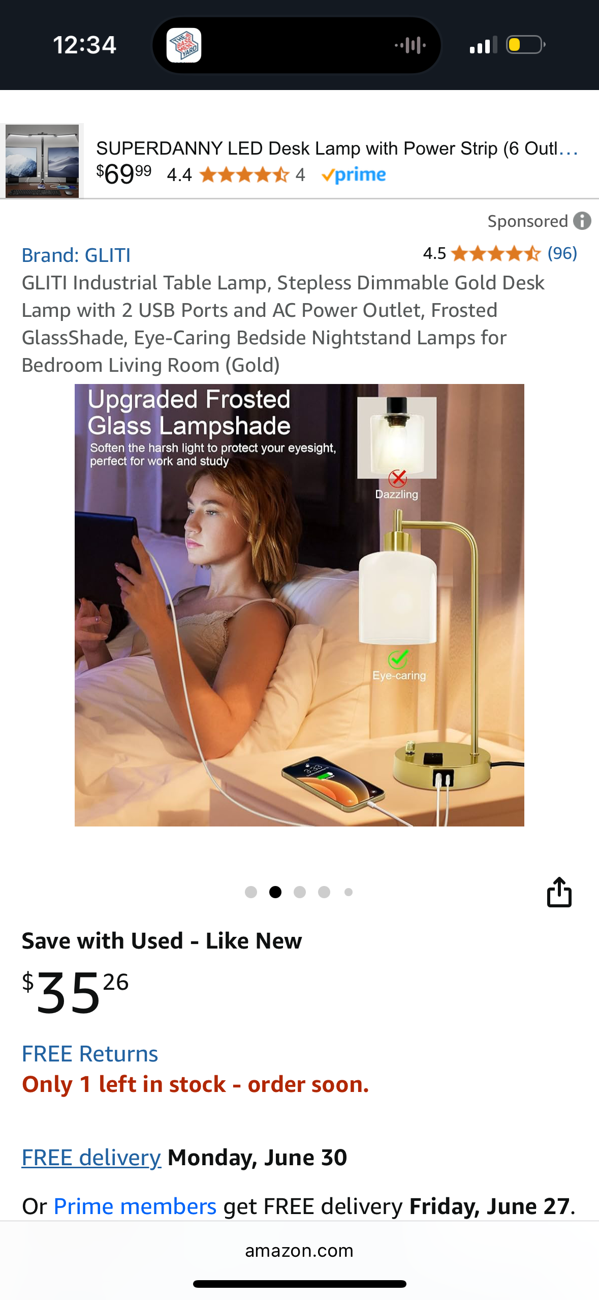 GLITI Industrial Table Lamp, Stepless Dimmable Gold Desk Lamp with 2 USB Ports and AC Power Outlet, Frosted GlassShade, Eye-Caring Bedside Nightstand Lamps for Bedroom Living Room (Gold)