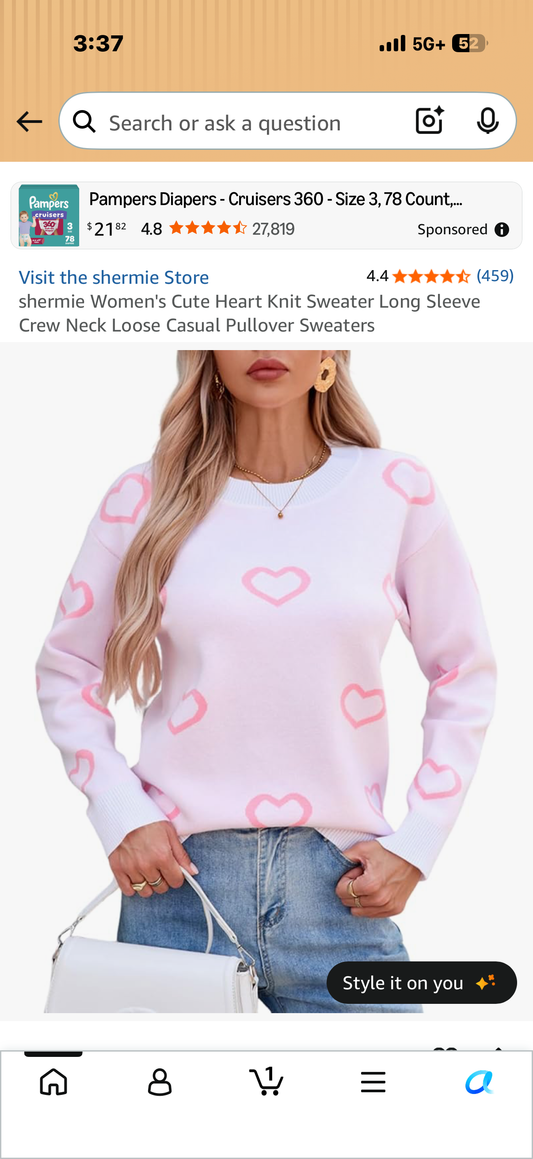 shermie Women's Cute Heart Knit Sweater Long Sleeve Crew Neck Loose Casual Pullover Sweaters(Size Large)