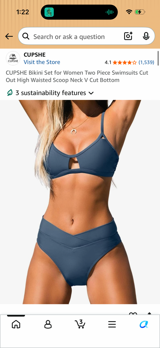 CUPSHE Bikini Set for Women Two Piece Swimsuits Cut Out High Waisted Scoop Neck V Cut Bottom (Size Large)