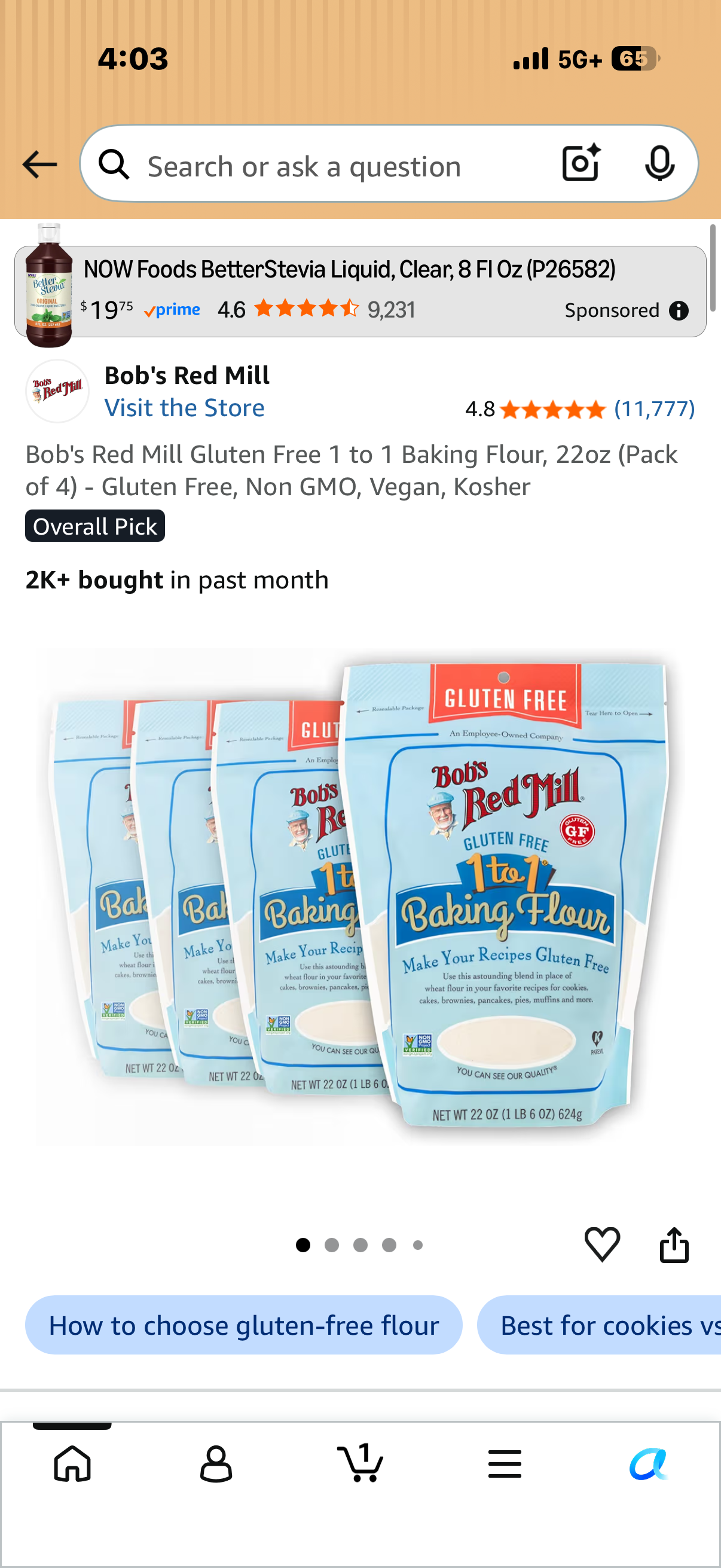4 pack Bob's Red Mill Gluten Free 1 to 1 Baking Flour, 22oz (Pack of 4) - Gluten Free, Non GMO, Vegan, Kosher
