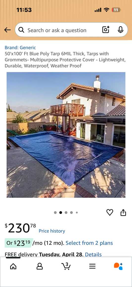 50'x100' Blue Poly Tarp, Multipurpose Protective Cover - Lightweight, Durable, Waterproof, Weather Proof (R919)
