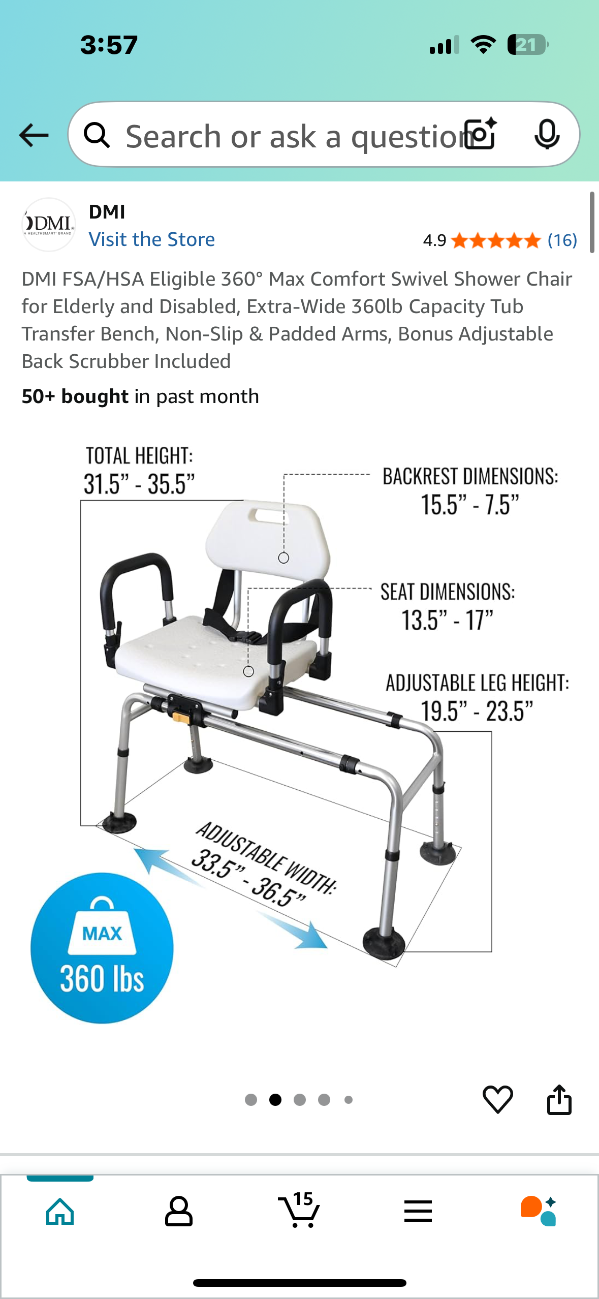 360° Max Comfort Swivel Shower Chair for Elderly and Disabled, Extra-Wide 360lb Capacity Transfer Bench, Non-Slip & Padded Arms (R611)