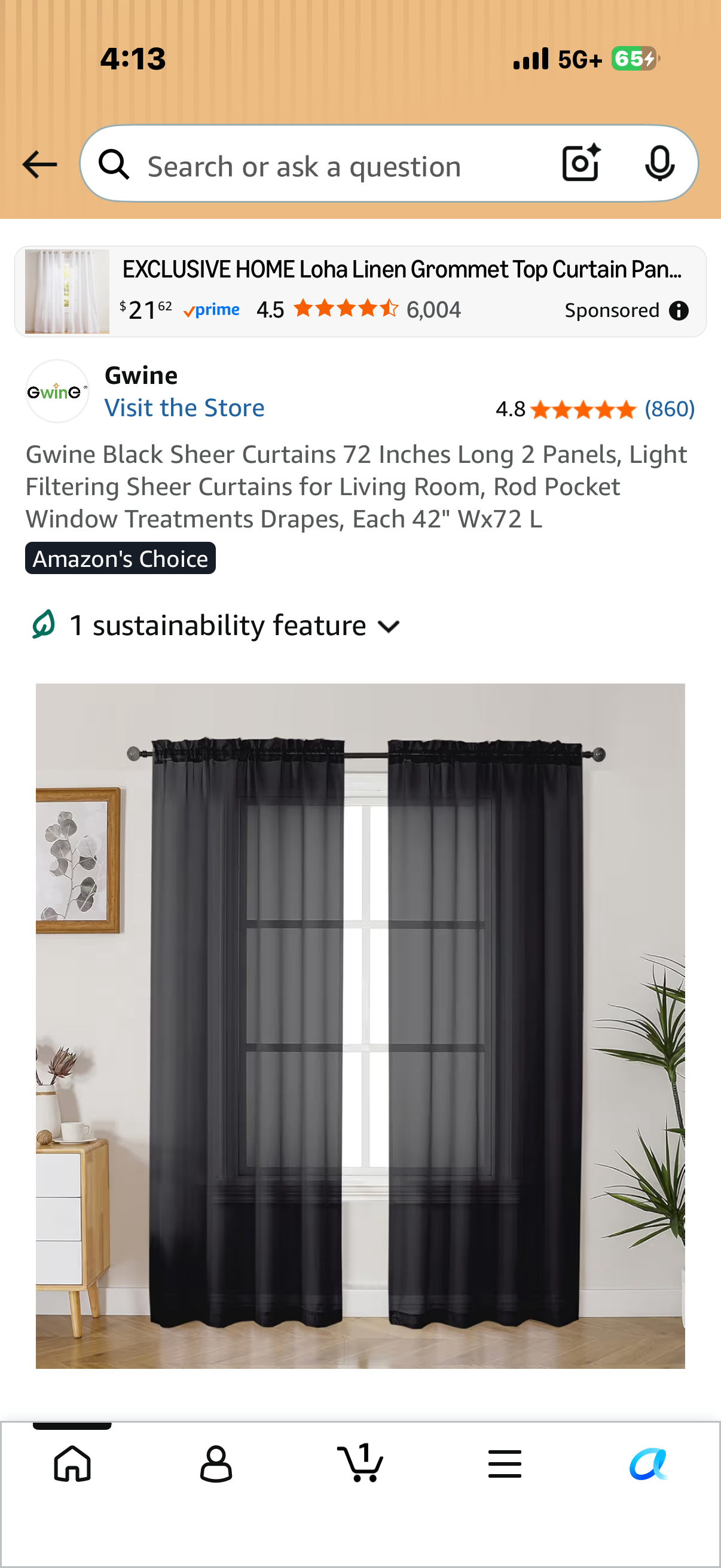 Gwine Black Sheer Curtains 72 Inches Long 2 Panels, Light Filtering Sheer Curtains for Living Room, Rod Pocket Window Treatments Drapes, Each 42" Wx72