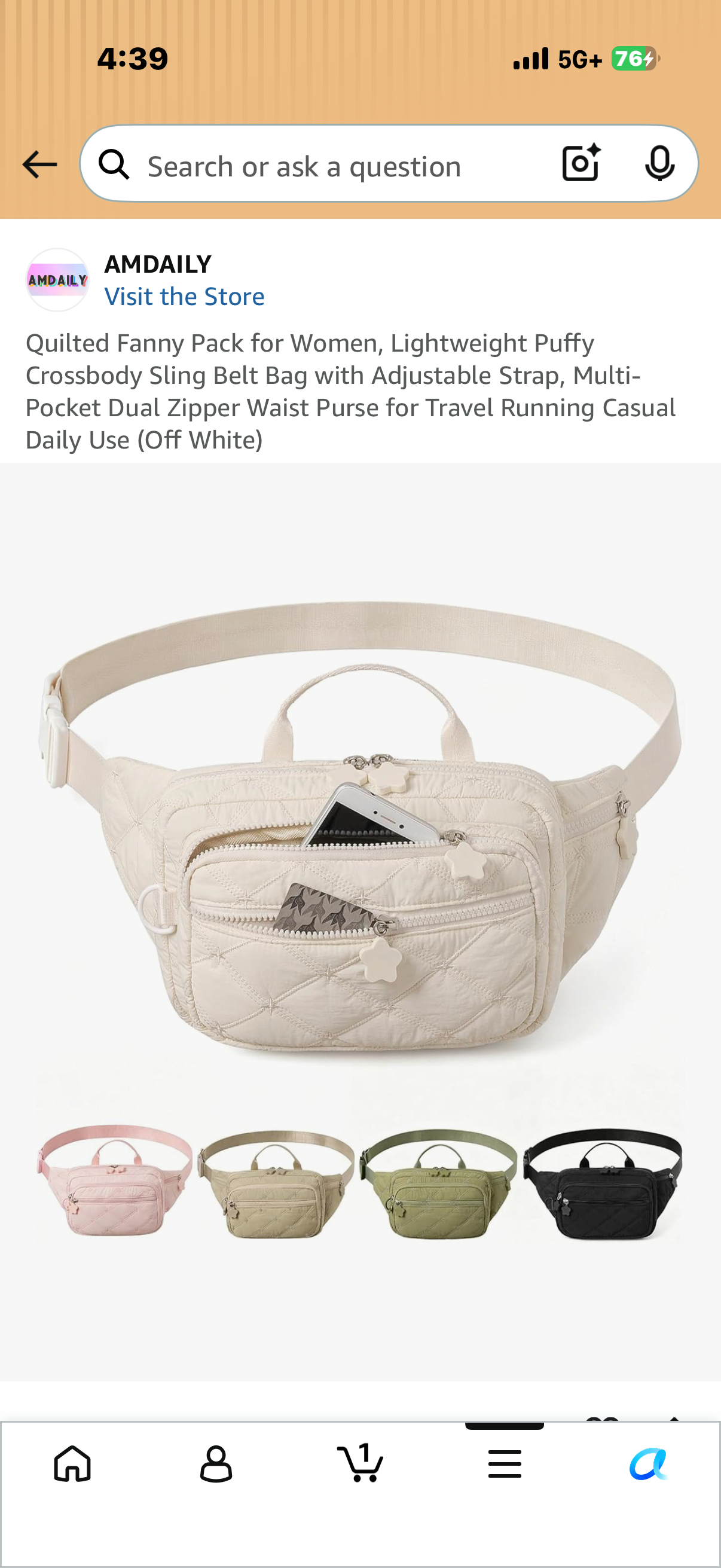 Quilted Fanny Pack for Women, Lightweight Puffy Crossbody Sling Belt Bag with Adjustable Strap, Multi-Pocket Dual Zipper Waist Purse for Travel Running Casual Daily Use (Off White