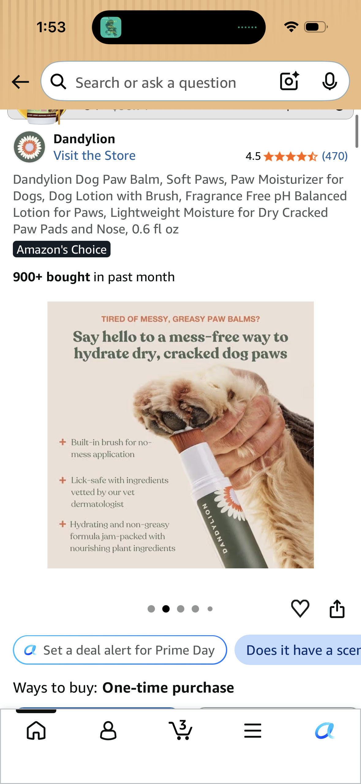 Dandylion Dog Paw Balm, Soft Paws, Paw Moisturizer for Dogs, Dog Lotion with Brush, Fragrance Free pH Balanced Lotion for Paws, Lightweight Moisture for Dry Cracked Paw Pads and Nose, 0.6 fl oz