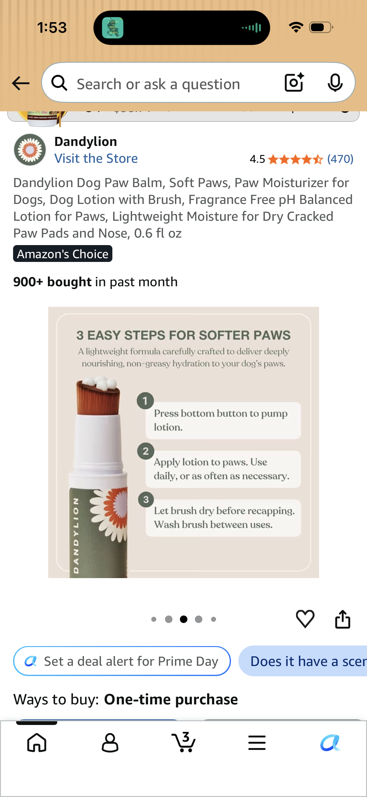 Dandylion Dog Paw Balm, Soft Paws, Paw Moisturizer for Dogs, Dog Lotion with Brush, Fragrance Free pH Balanced Lotion for Paws, Lightweight Moisture for Dry Cracked Paw Pads and Nose, 0.6 fl oz