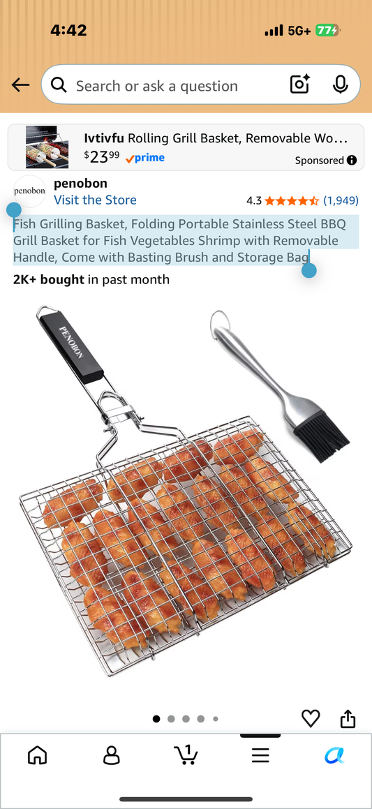 Fish Grilling Basket, Folding Portable Stainless Steel BBQ Grill Basket for Fish Vegetables Shrimp with Removable Handle, Come with Basting Brush and Storage Bag