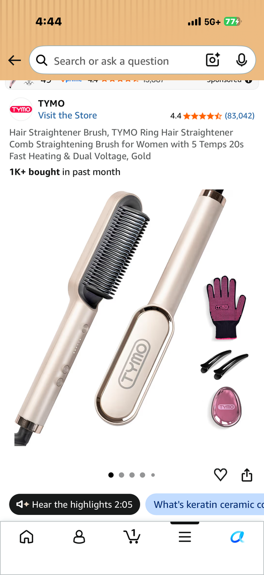 Hair Straightener Brush, TYMO Ring Hair Straightener Comb Straightening Brush for Women with 5 Temps 20s Fast Heating & Dual Voltage, Gold