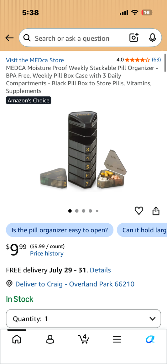 MEDCA Moisture Proof Weekly Stackable Pill Organizer - BPA Free, Weekly Pill Box Case with 3 Daily Compartments - Black Pill Box to Store Pills, Vitamins, Supplements