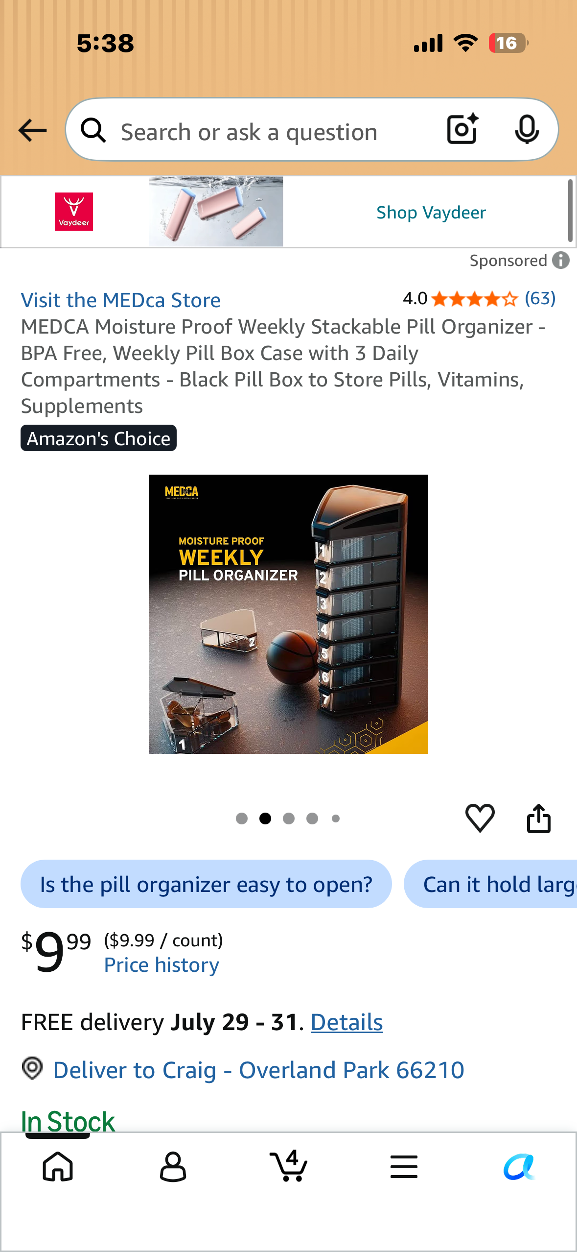 MEDCA Moisture Proof Weekly Stackable Pill Organizer - BPA Free, Weekly Pill Box Case with 3 Daily Compartments - Black Pill Box to Store Pills, Vitamins, Supplements