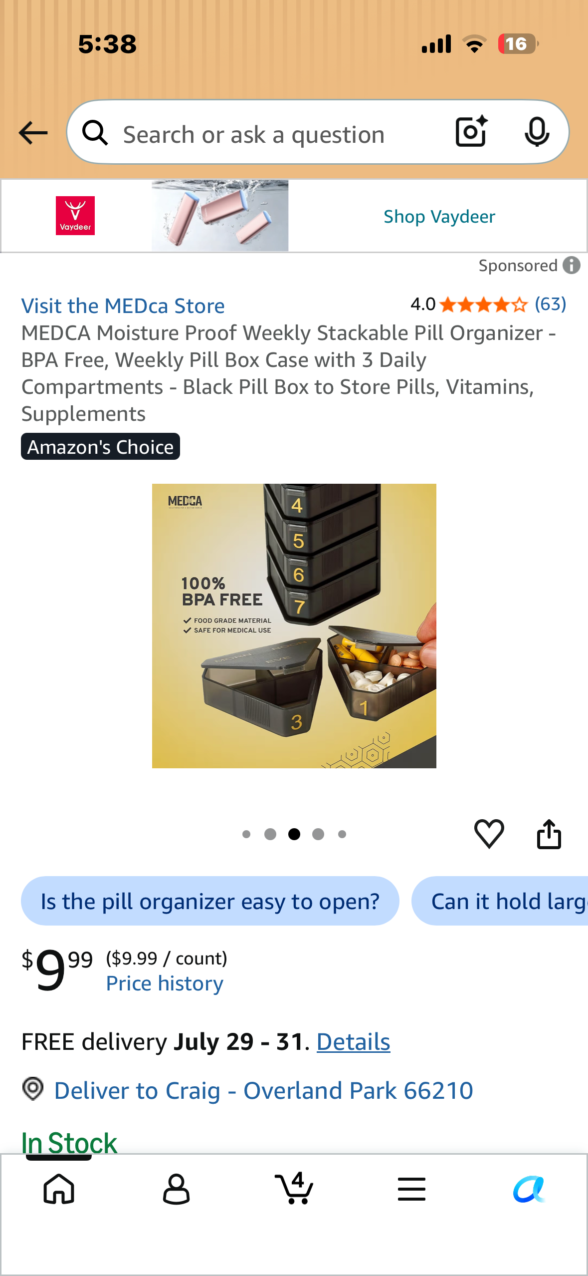 MEDCA Moisture Proof Weekly Stackable Pill Organizer - BPA Free, Weekly Pill Box Case with 3 Daily Compartments - Black Pill Box to Store Pills, Vitamins, Supplements