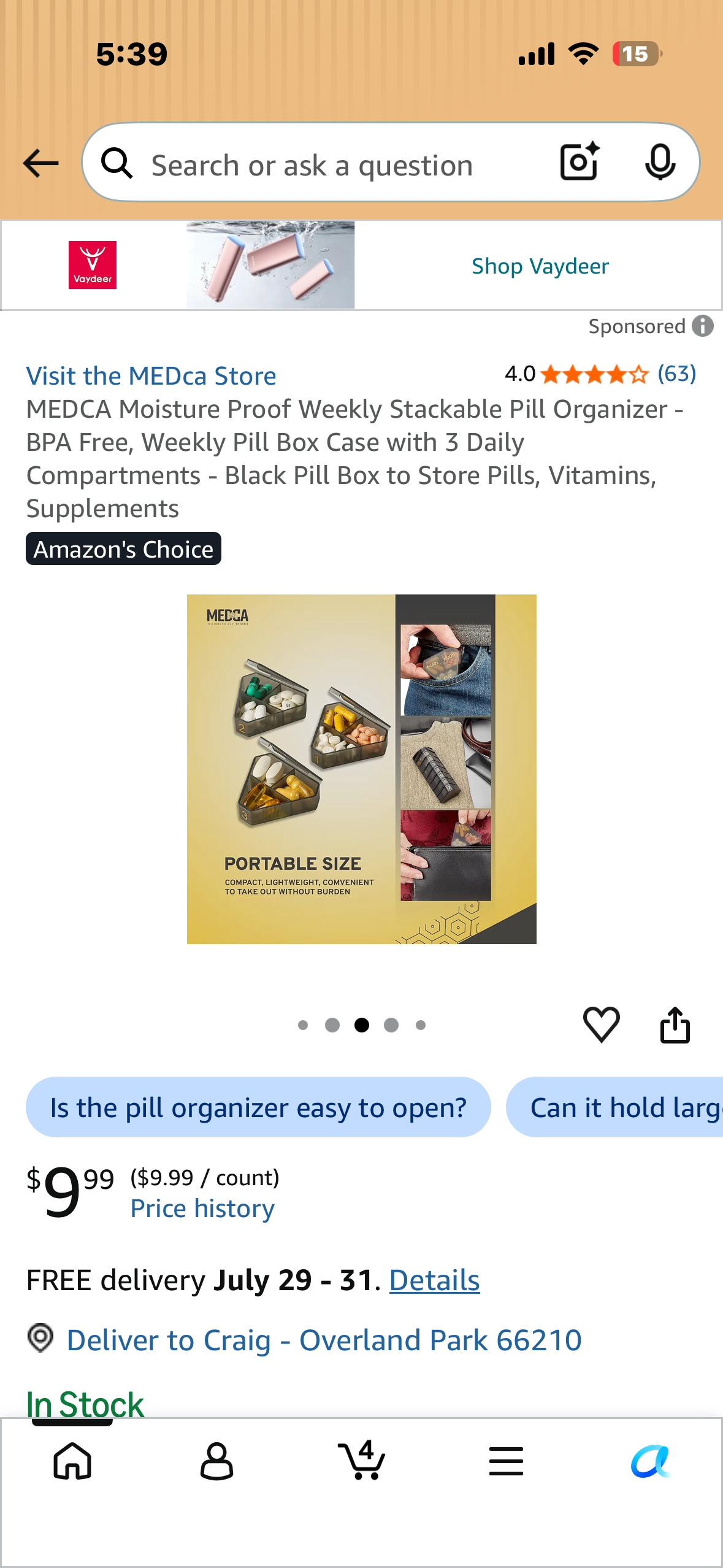 MEDCA Moisture Proof Weekly Stackable Pill Organizer - BPA Free, Weekly Pill Box Case with 3 Daily Compartments - Black Pill Box to Store Pills, Vitamins, Supplements