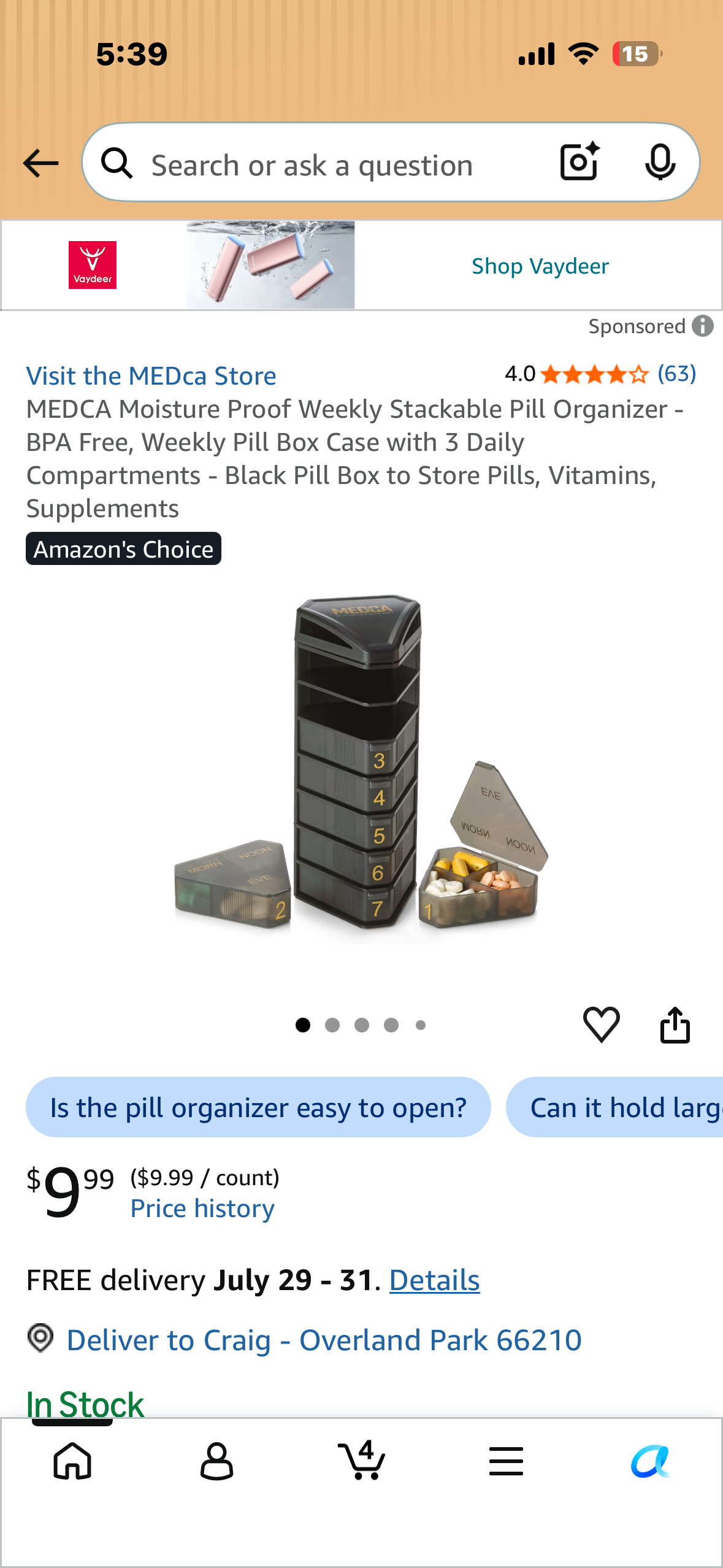 MEDCA Moisture Proof Weekly Stackable Pill Organizer - BPA Free, Weekly Pill Box Case with 3 Daily Compartments - Black Pill Box to Store Pills, Vitamins, Supplements