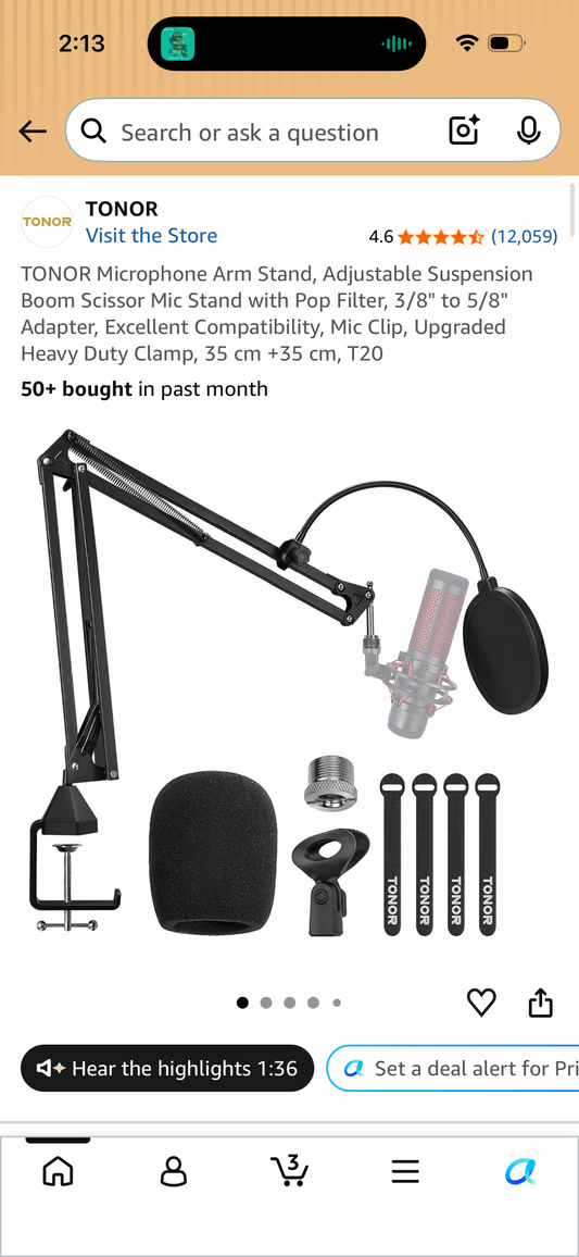 TONOR Microphone Arm Stand, Adjustable Suspension Boom Scissor Mic Stand with Pop Filter, 3/8" to 5/8" Adapter, Excellent Compatibility, Mic Clip, Upgraded Heavy Duty Clamp, 35 cm +35 cm, T20