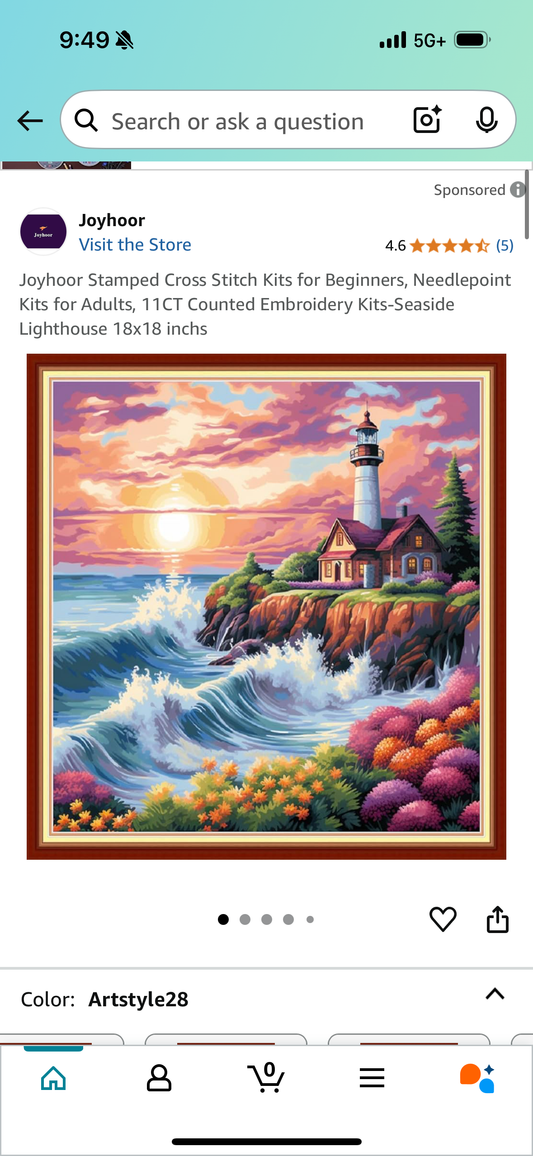 Joyhoor Stamped Cross Stitch Kits for Beginners, Needlepoint Kits for Adults, 11CT Counted Embroidery Kits-Seaside Lighthouse 18x18 inchs