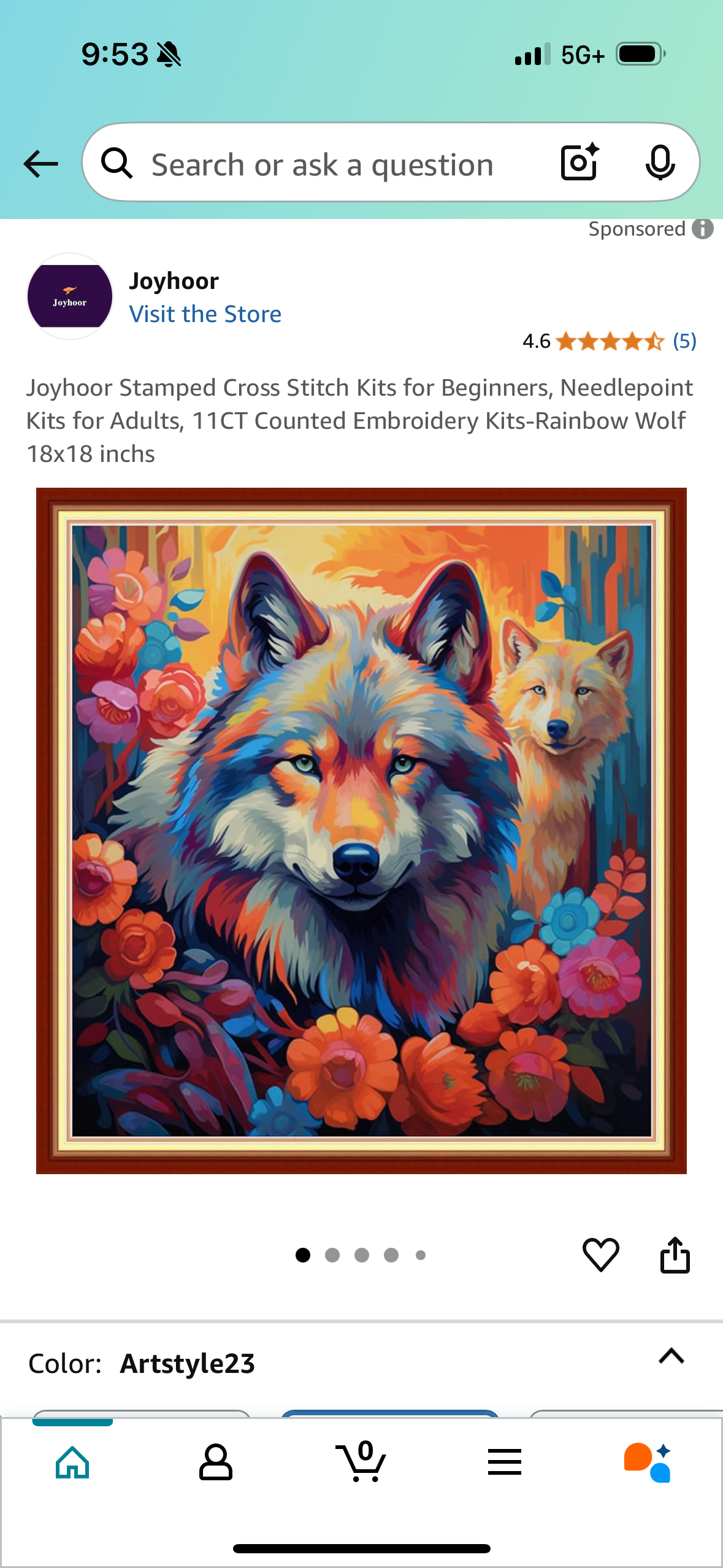 Joyhoor Stamped Cross Stitch Kits for Beginners, Needlepoint Kits for Adults, 11CT Counted Embroidery Kits-Rainbow Wolf 18x18 inchs