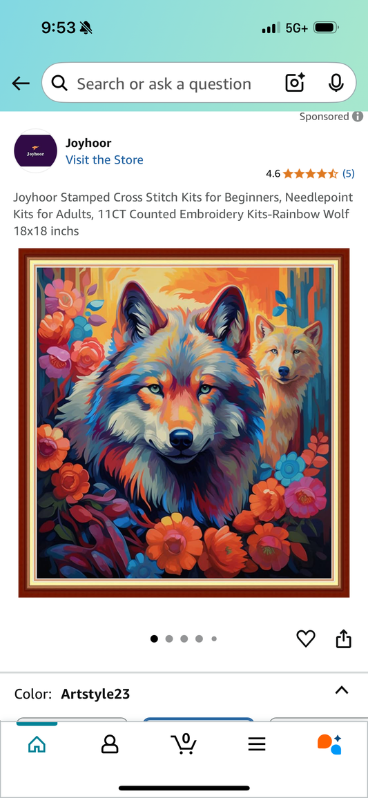 Joyhoor Stamped Cross Stitch Kits for Beginners, Needlepoint Kits for Adults, 11CT Counted Embroidery Kits-Rainbow Wolf 18x18 inchs