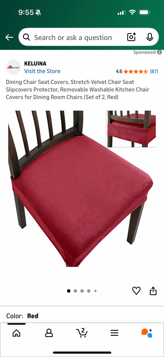 Dining Chair Seat Covers, Stretch Velvet Chair Seat Slipcovers Protector, Removable Washable Kitchen Chair Covers for Dining Room Chairs (Set of 2, Red)