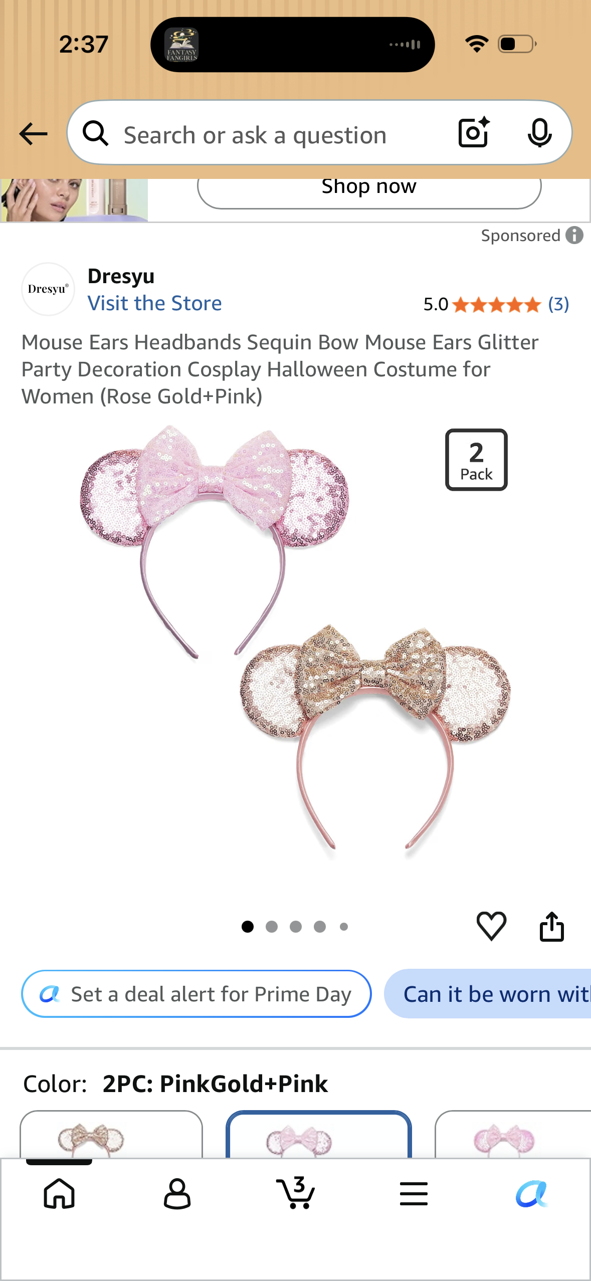 Mouse Ears Headbands Sequin Bow Mouse Ears Glitter Party Decoration Cosplay Halloween Costume for Women (Rose Gold+Pink)