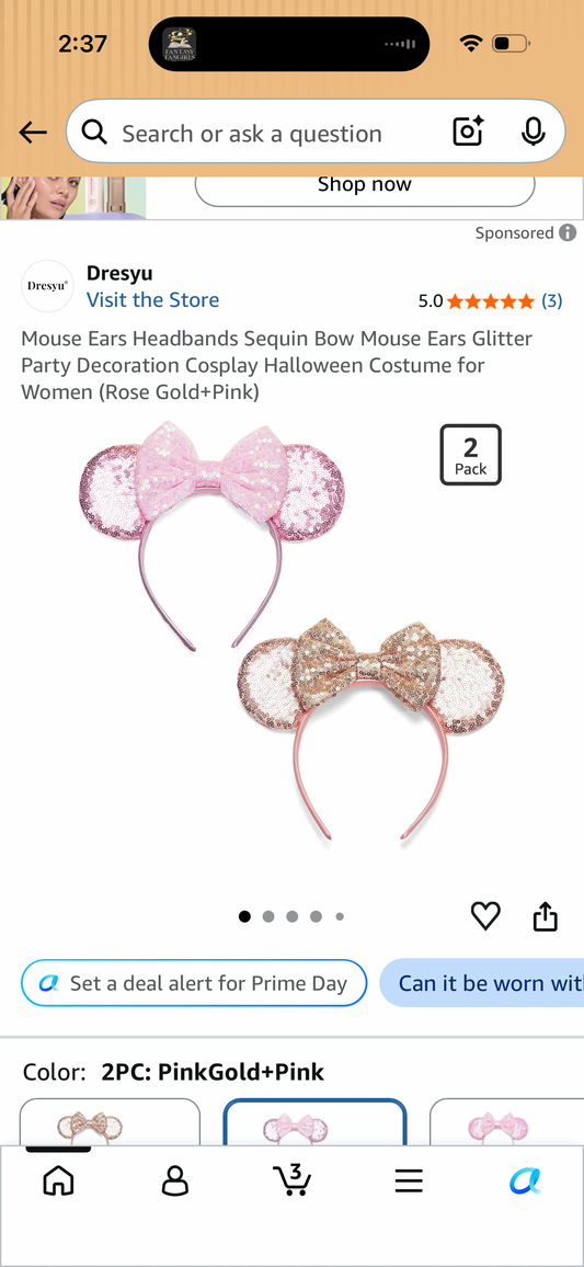 Mouse Ears Headbands Sequin Bow Mouse Ears Glitter Party Decoration Cosplay Halloween Costume for Women (Rose Gold+Pink)