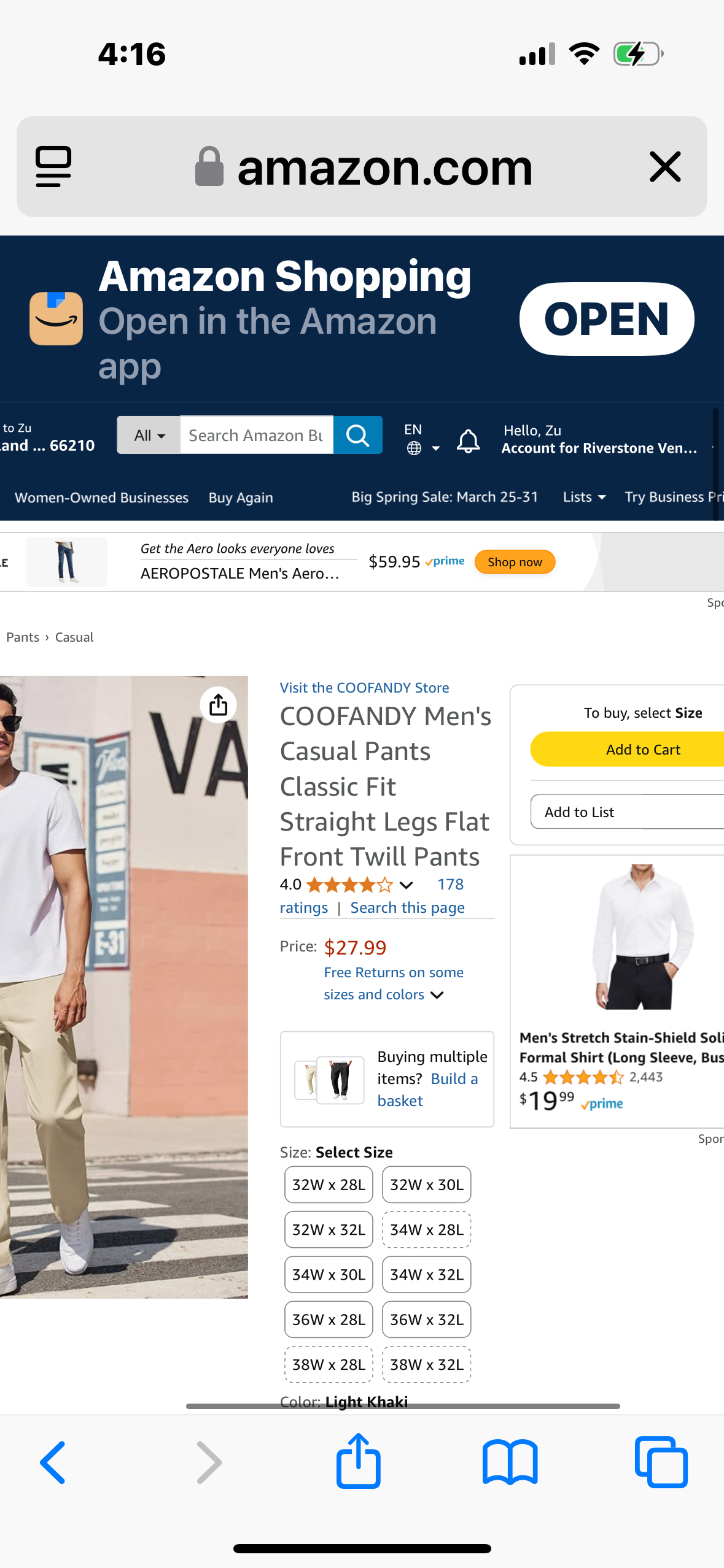 COOFANDY Men's Casual Pants Classic Fit Straight Legs Flat Front Twill Pants (34 x 30)