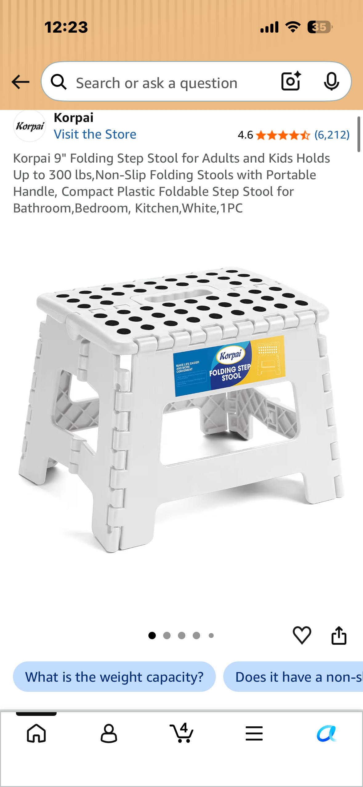 Korpai 9" Folding Step Stool for Adults and Kids Holds Up to 300 lbs,Non-Slip Folding Stools with Portable Handle, Compact Plastic Foldable Step Stool for Bathroom,Bedroom, Kitchen,White,1PC