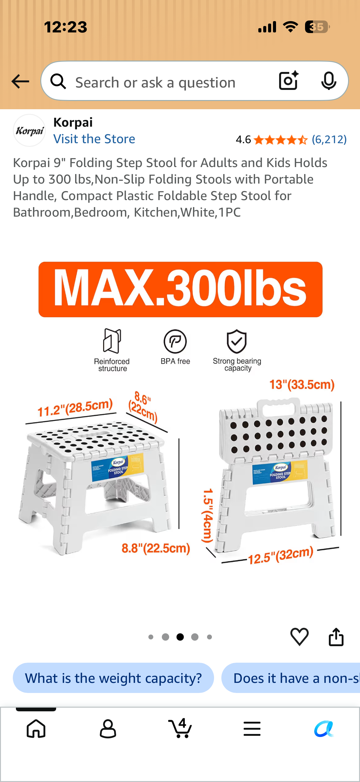 Korpai 9" Folding Step Stool for Adults and Kids Holds Up to 300 lbs,Non-Slip Folding Stools with Portable Handle, Compact Plastic Foldable Step Stool for Bathroom,Bedroom, Kitchen,White,1PC