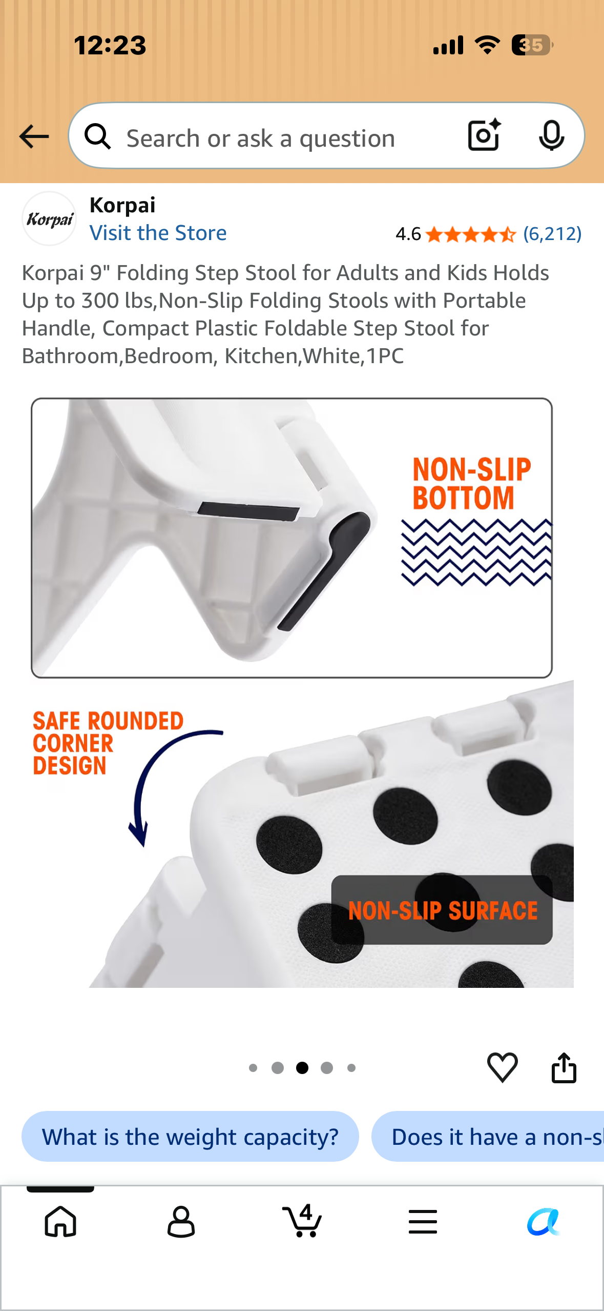 Korpai 9" Folding Step Stool for Adults and Kids Holds Up to 300 lbs,Non-Slip Folding Stools with Portable Handle, Compact Plastic Foldable Step Stool for Bathroom,Bedroom, Kitchen,White,1PC