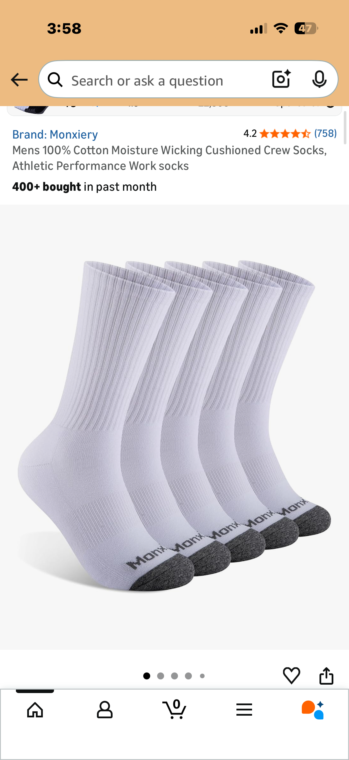 Mens 100% Cotton Moisture Wicking Cushioned Crew Socks, Athletic Performance Work socks