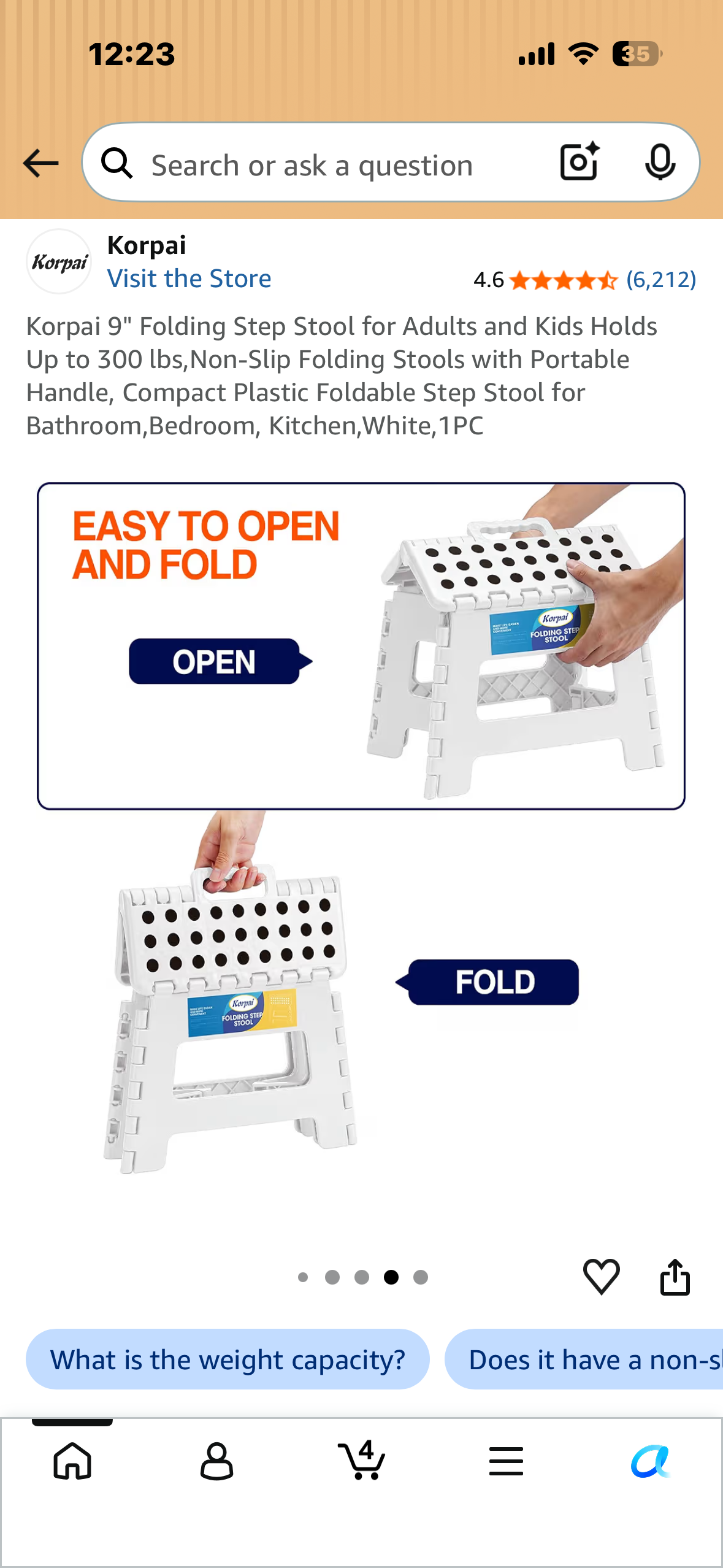 Korpai 9" Folding Step Stool for Adults and Kids Holds Up to 300 lbs,Non-Slip Folding Stools with Portable Handle, Compact Plastic Foldable Step Stool for Bathroom,Bedroom, Kitchen,White,1PC