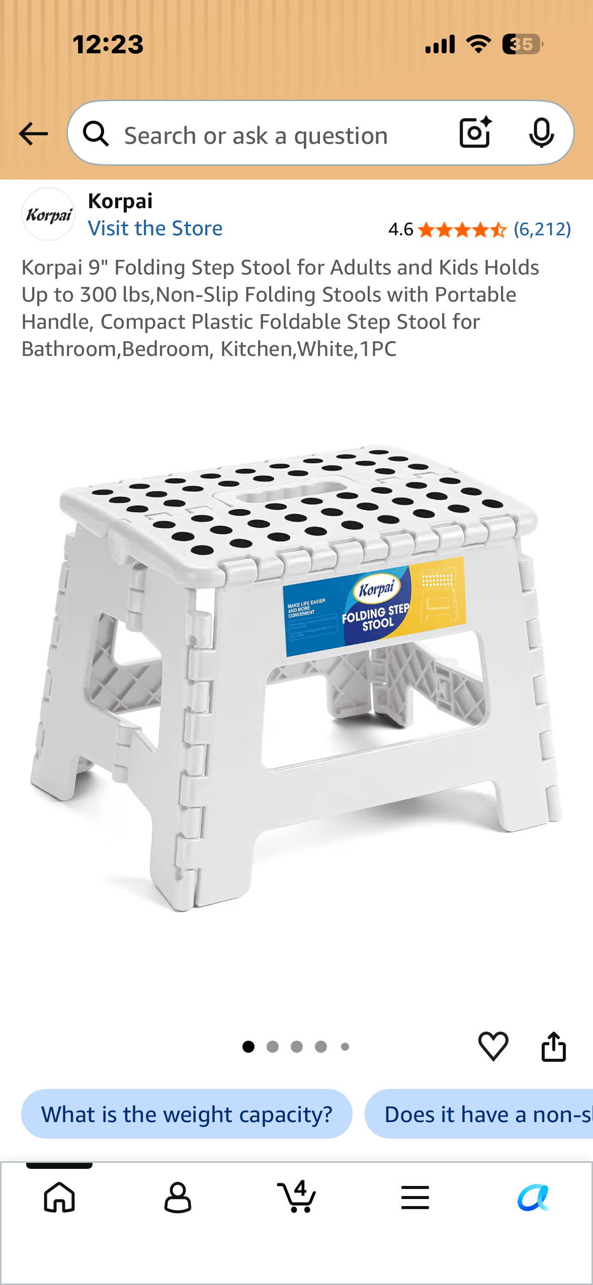 Korpai 9" Folding Step Stool for Adults and Kids Holds Up to 300 lbs,Non-Slip Folding Stools with Portable Handle, Compact Plastic Foldable Step Stool for Bathroom,Bedroom, Kitchen,White,1PC